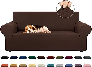 KEKUOU Stretch Loveseat Sofa Cover Slipcover,Couch Covers for 2 Cushion Couch Sofa (55"-78") Furniture Protector Sofa with Elastic Bottom for Kids,Dog. Jacquard Small Checked (Medium,Chocolate)