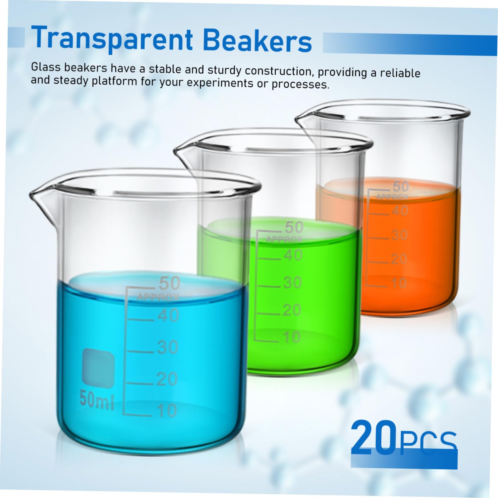 Vasos de Precipitados de Vidrio Graduado 50 Ml Transparentes sin Asa 20 Unidades, Vasos Medidores Resistentes al Calor para Laboratorio y Cocina, Cristalería Científica Precisa
