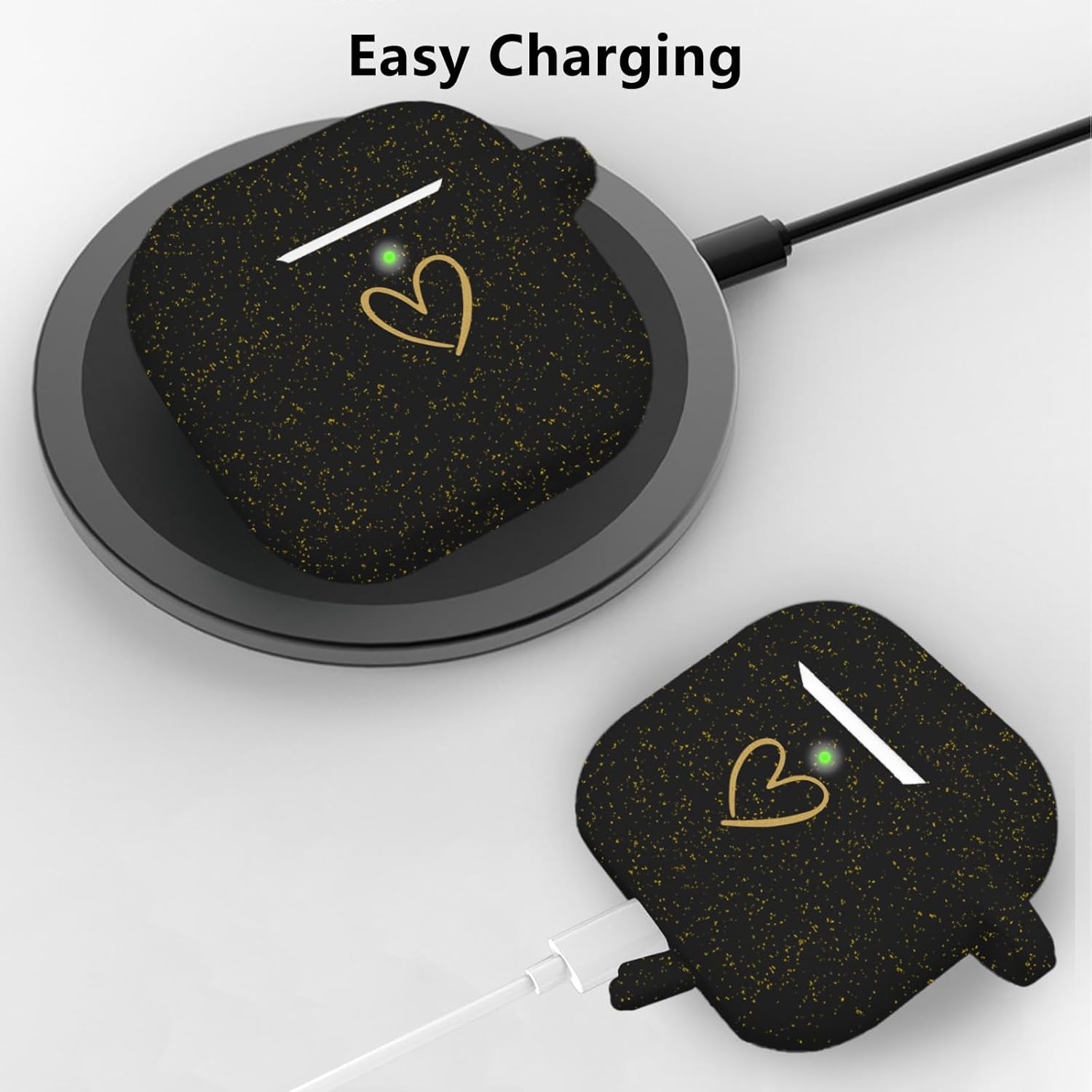 Compatible AirPods 4 Case Cover 2024, Soft Silicone Case with Gold Heart Pattern for AirPods 4th Gen, Cute Butterfly Keychain for Girls Women (Glitter Black) - Image 3