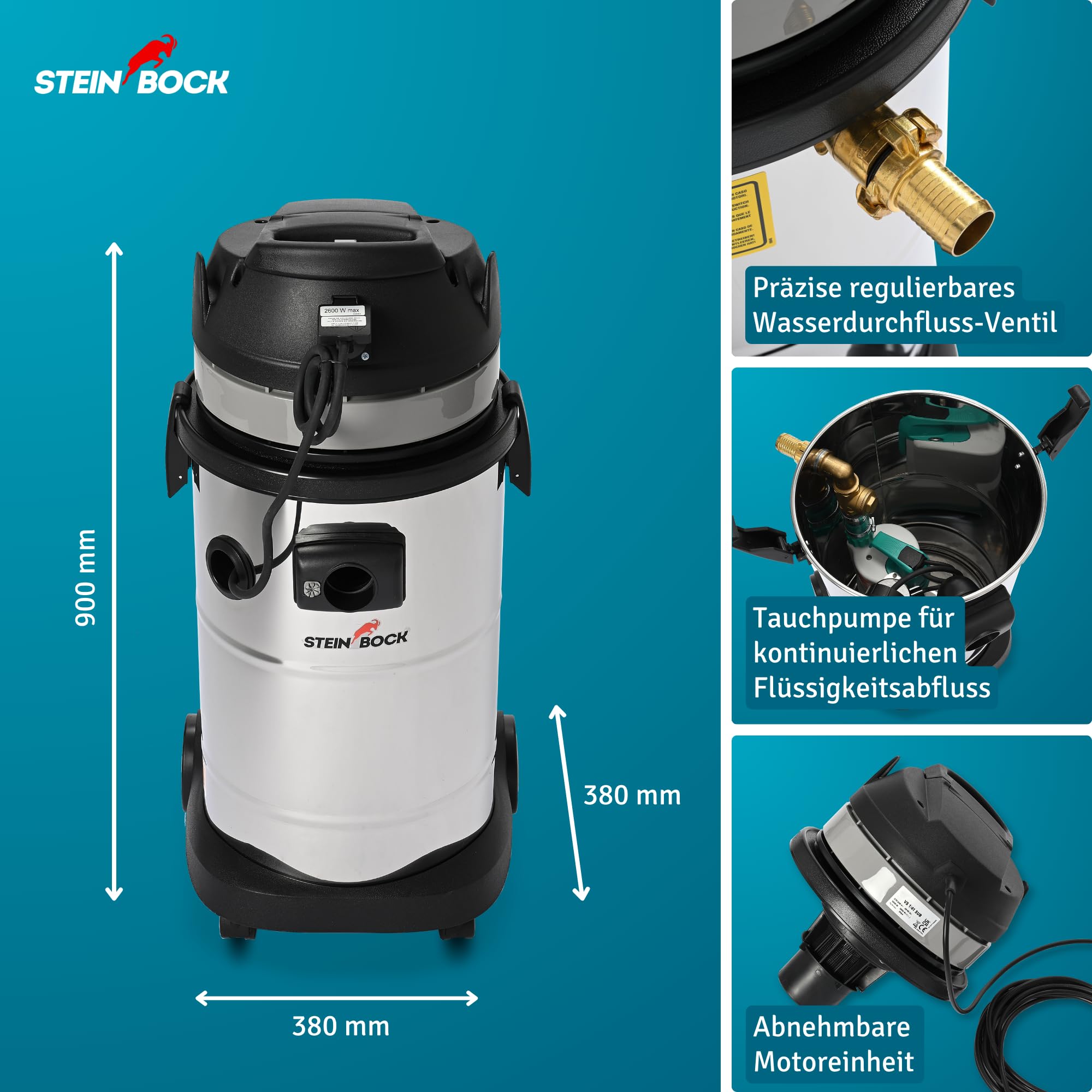 Steinbock Pumpsauger | 1.200 Watt | 41 l Edelstahlbehälter | Nasssauger mit integrierter Tauchpumpe für effizientes Abpumpen | Wasserdurchfluss-Ventil | Durchgehende Flüssigkeitsaufnahme und -abfuhr