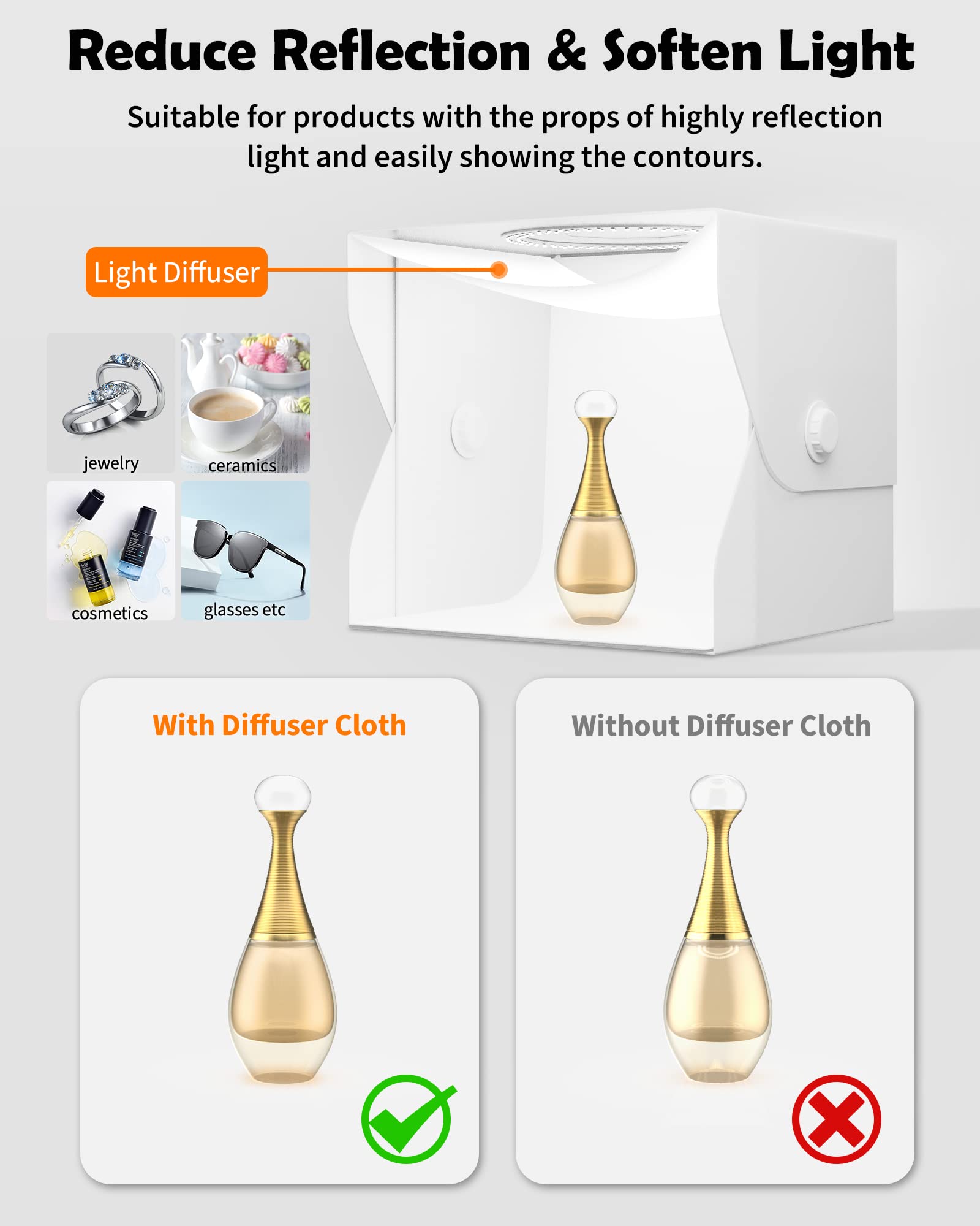 Glendan Light Box Photography, 13"x12" Photo Studio Light Box, Portable Folding Photo Shooting Tent Kit with 112 LED Adjustable Lights CRI >95, 8 Color PVC Backdrops for Small Size Product Photography