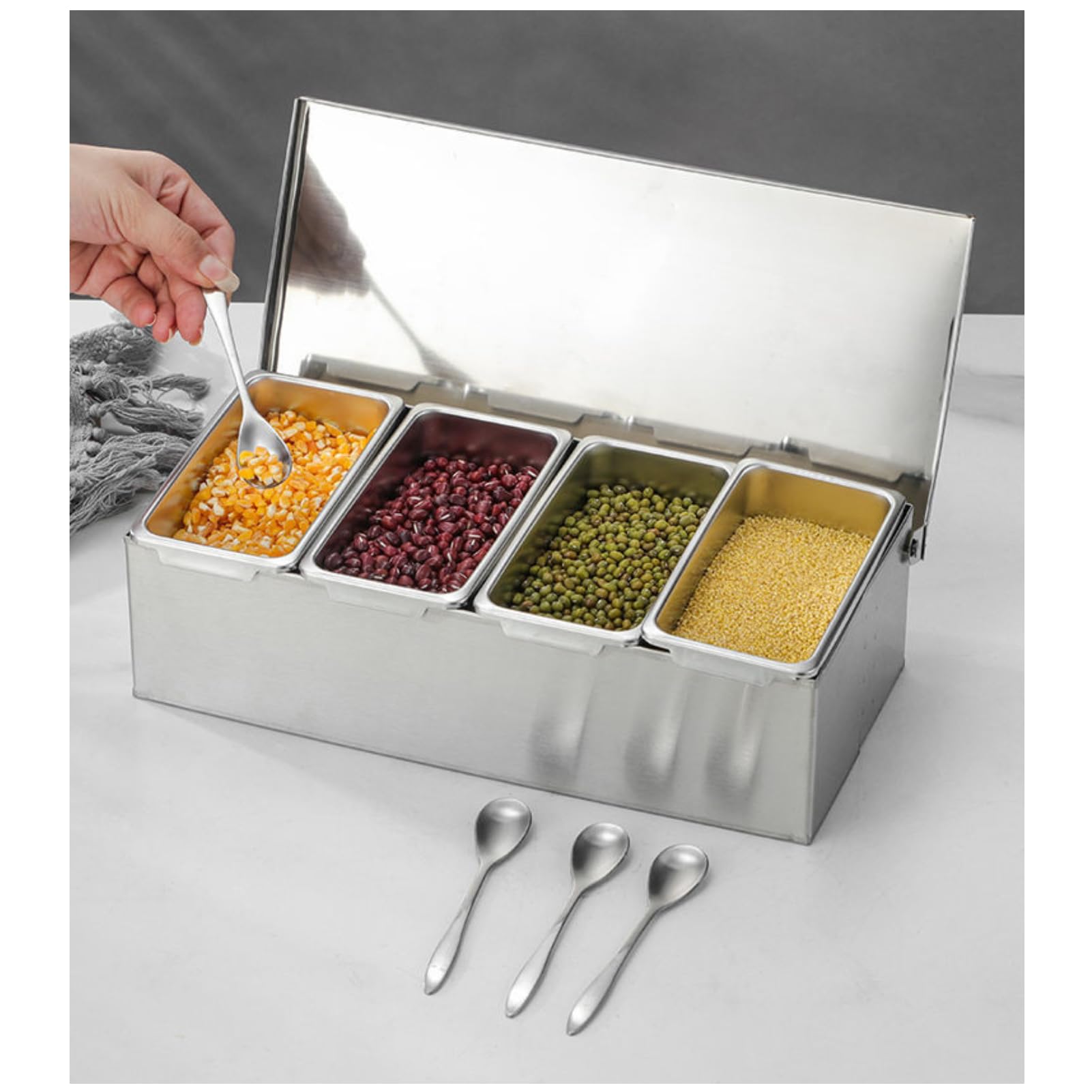 Contenitori per condimenti in acciaio inossidabile, contenitori con coperchio, cucchiai, 4 scomparti, scatola organizer per condimenti, grande capacità, contenitore per condimenti per cucina