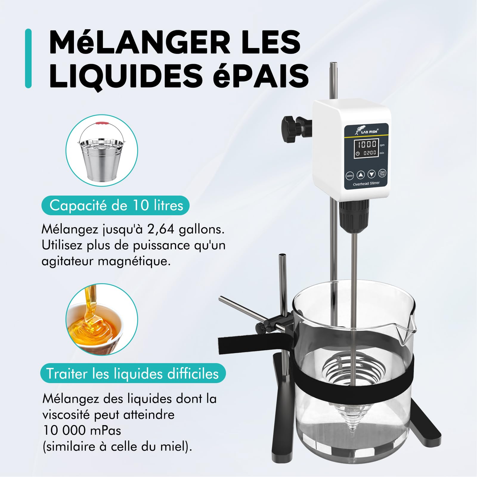 LAB FISH OS-5S Agitateur Aérien Overhead Stirrer, Mélangeur Laboratoire 36W avec Pale et Support Acier Inox, Vitesse Ajustable 100-1200 tr/min, Minuterie 1min-24h, pour 10L & 10000 mPas Max