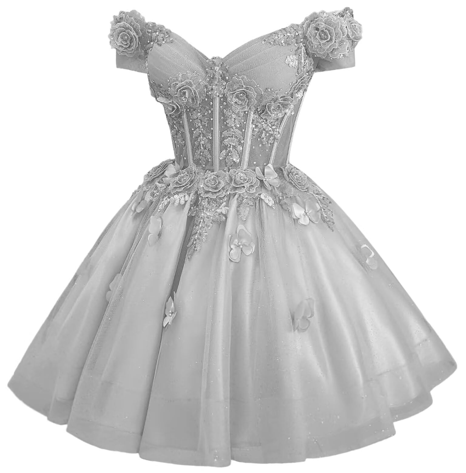 Zhangyo Sparkly Tulle Homecoming Dresses for Teens Off Shoulder DAMA Dresses for Quinceanera 3D Butterfly Short Ball Gown