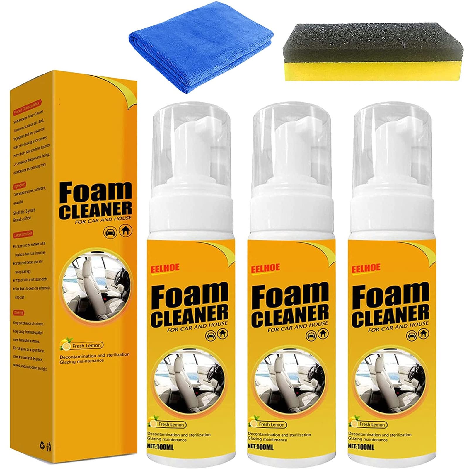 shoxil Foam Cleaner, Spray Foam Cleaner, Multifunctional Car Foam Cleaner, Foam Cleaner for Car and House Lemon Flavor, Strong Decontamination Cleaners Spray for Kitchen and Car (100ml, 3Pcs)