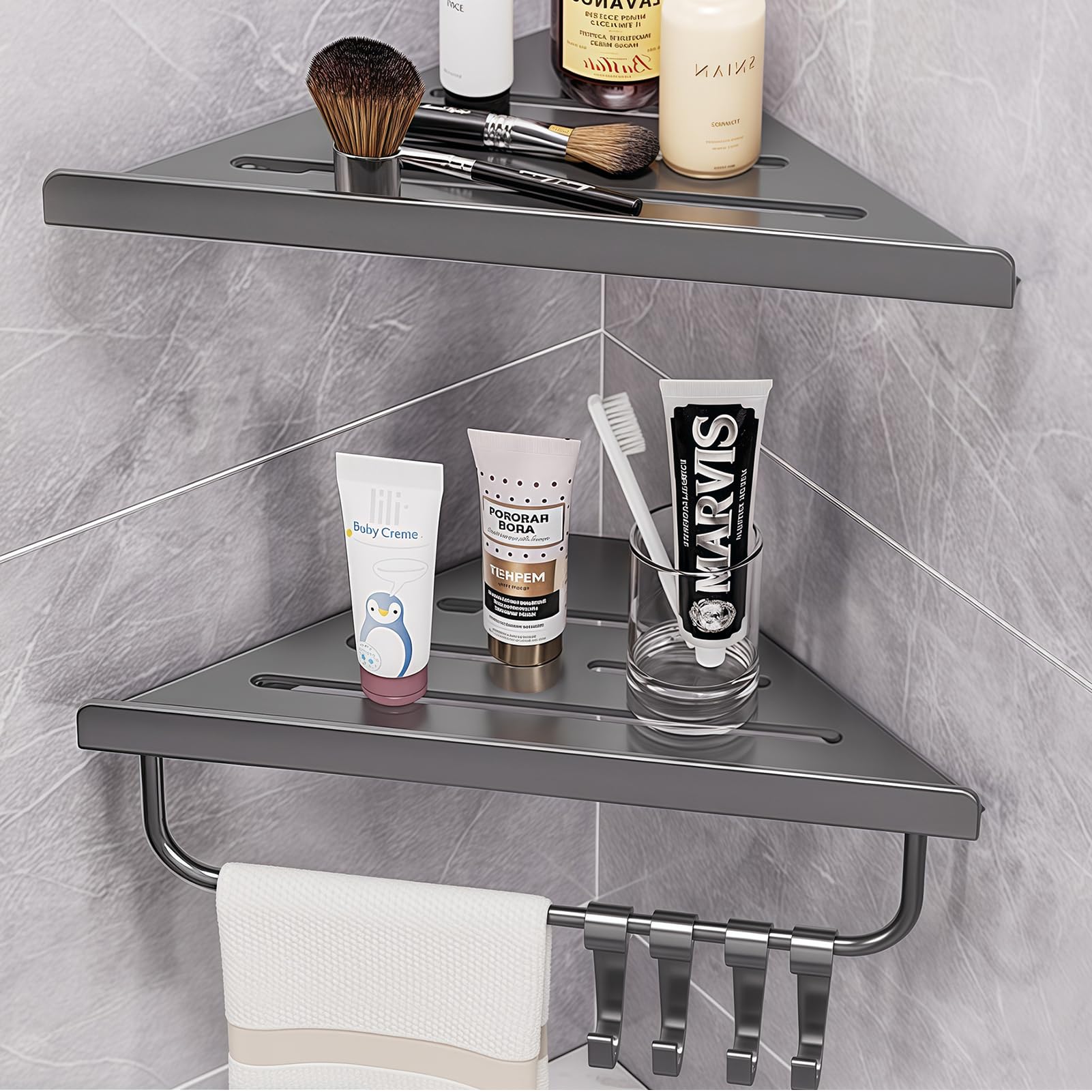 CHOUPIJIANG Shower Corner Shelf 2 Layer Bathroom Corner Shower Caddies with 4 Hooks Rust Proof Shower Organizer 2