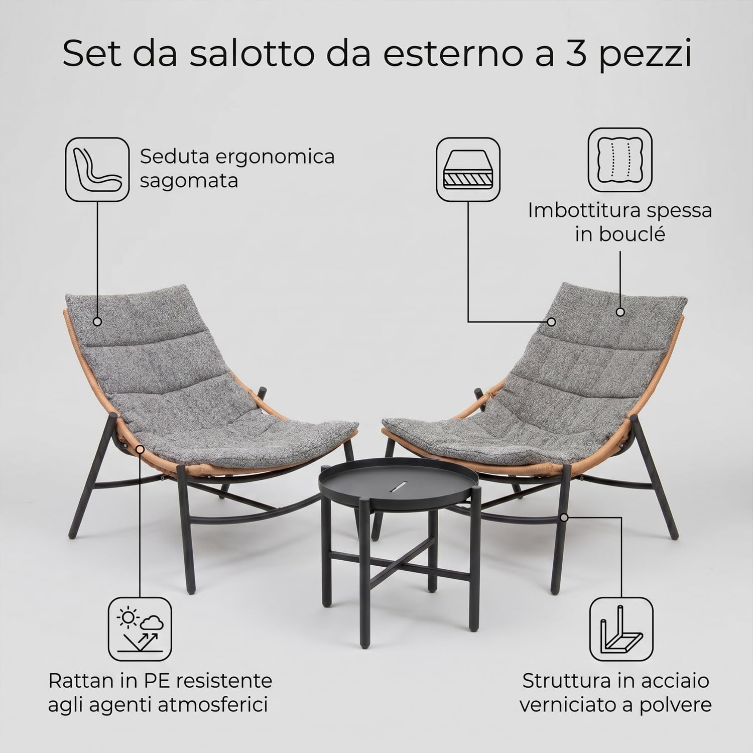 Marvin Set da Giardino 2 Posti in Polyrattan con Cuscini e Tavolino Spa, Salottino da Esterno Moderno per Terrazzo Balcone Veranda Patio, Set Relax Outdoor Resistente alle Intemperie