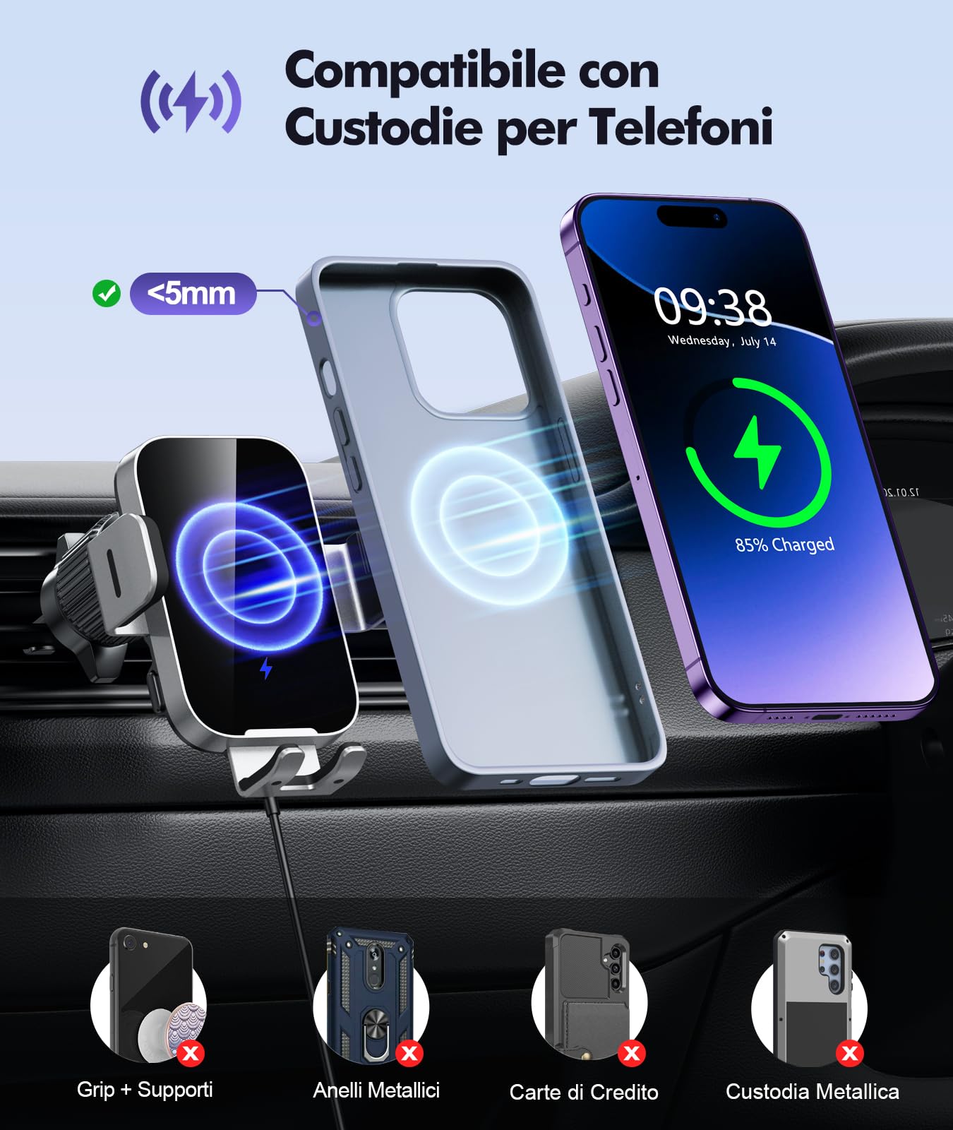 ISEYOU Caricatore Wireless Auto, 15W Supporto Telefono Auto Ricarica Wireless Rapida Bloccaggio Automatico, 360°Rotazione Caricabatterie Wireless Auto Compatibile con iPhone 17 16 15 14 Pro Max Galaxy