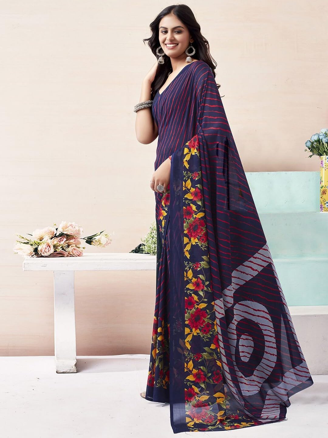Shiv Textiles Women's Georgette Printed Saree(521S102_Blue & Purple)