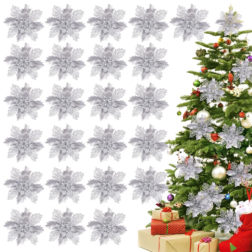 mizikuu 24 Piezas Flores de Navidad, lores Artificiales de Navidad Flores de Poinsettia con Clips Navidad Adornos con Polve de Brillo para Guirnalda Fiesta Boda Año Nuevo Decoración Plata
