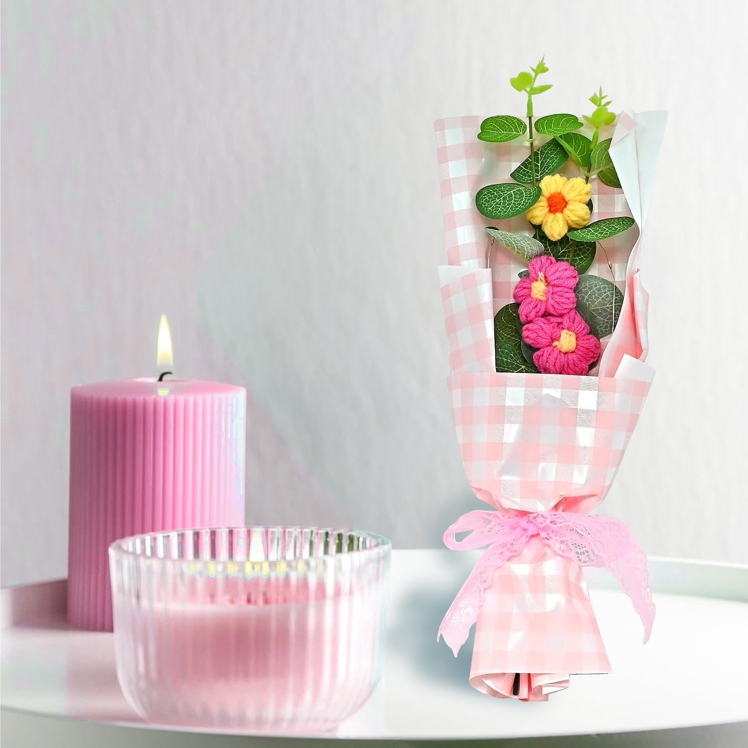 Cortina Plastic Handmade Crochet Artificial Flowers with Light|Aesthetic Room Decor, Living & Bedroom Decor|Artificial Flower Wall Decor|Great for Gifting - Light Pink - 13x8x34 CM-image-37