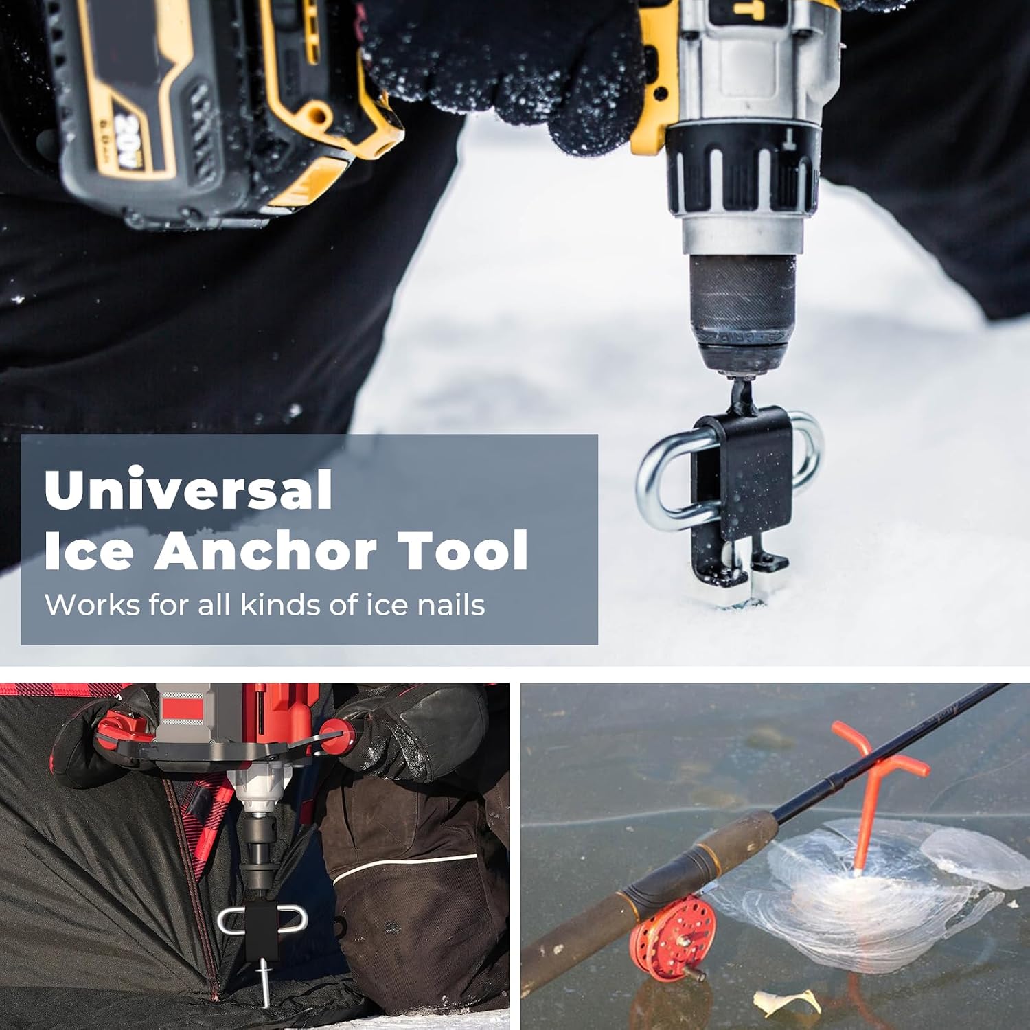 Ice Anchor Tool, Universal Ice Anchor Drill Adapter kit With a Storage bag | Ice Stake Drill Adapter for Setting Up an Outdoor Ice Fishing Shelter Camping Tent, Ice Fishing Tent Accessories