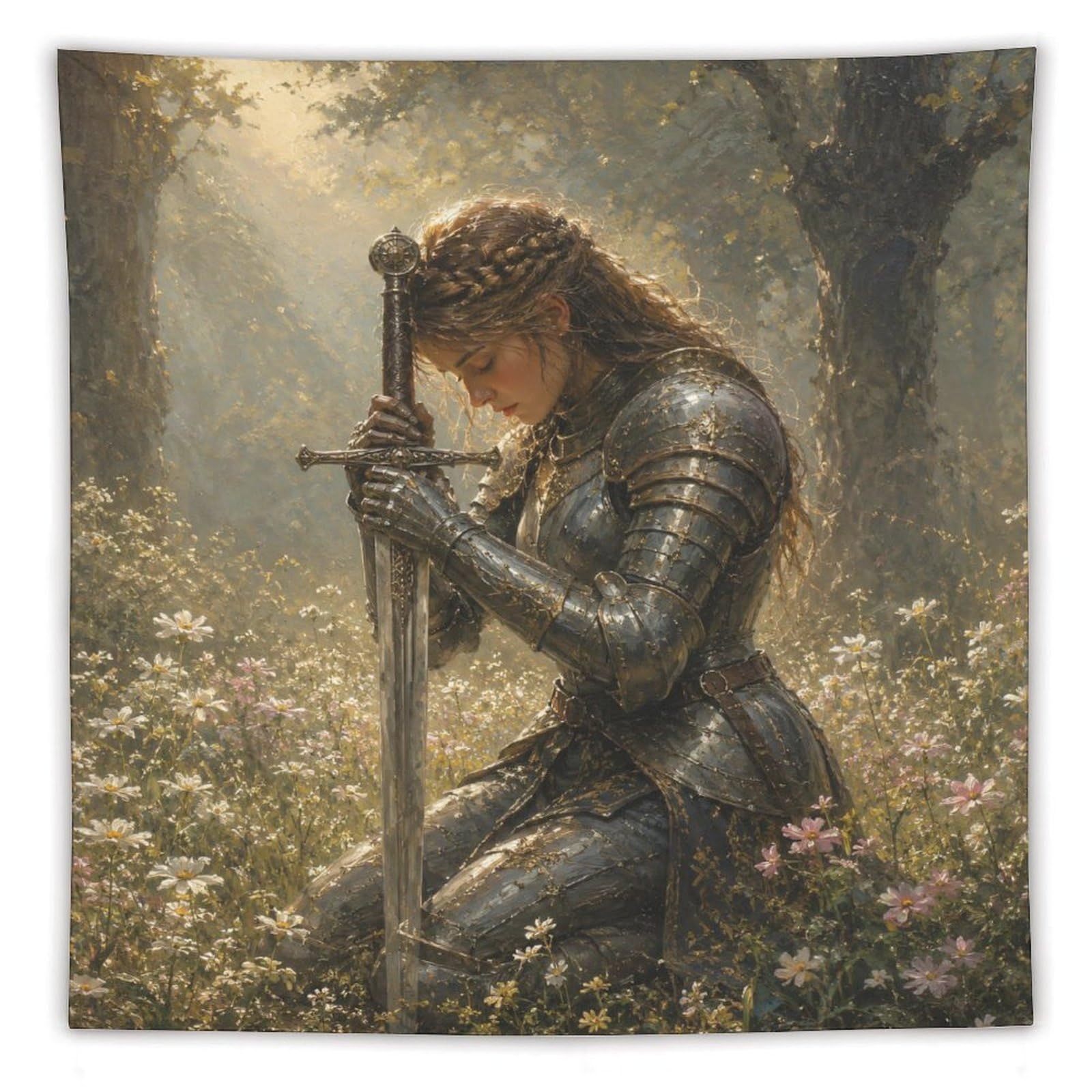 W7C8U2X3 Medieval Female Knight Forest Wall Tapestry, Heroic Sword
