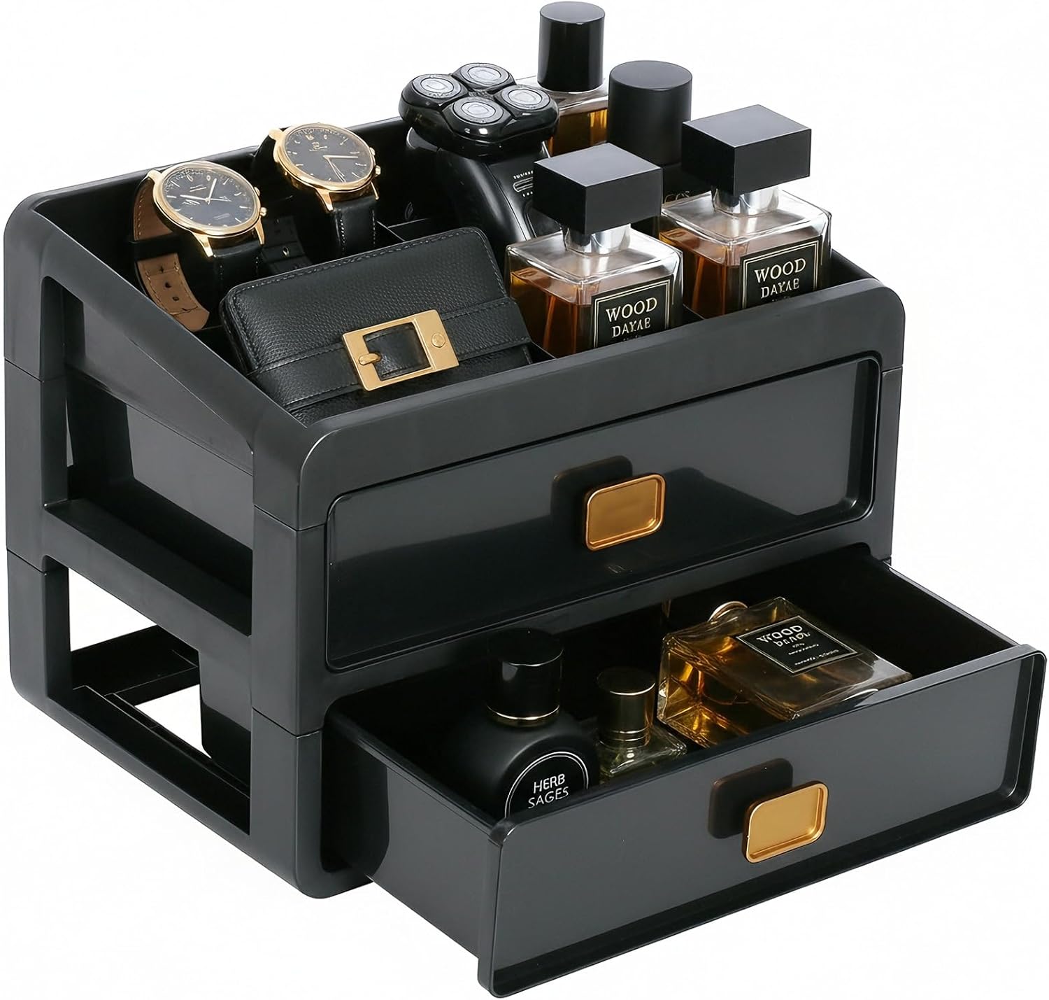 Cologne Organizer for Men,Cologne Stand with 2 Drawer,Nightstand Organizer,Cologne Shelf,Dresser Drawer Organizers,Organizador de Perfumes,Perfume Stand Organizer for Bedroom,Three Layer