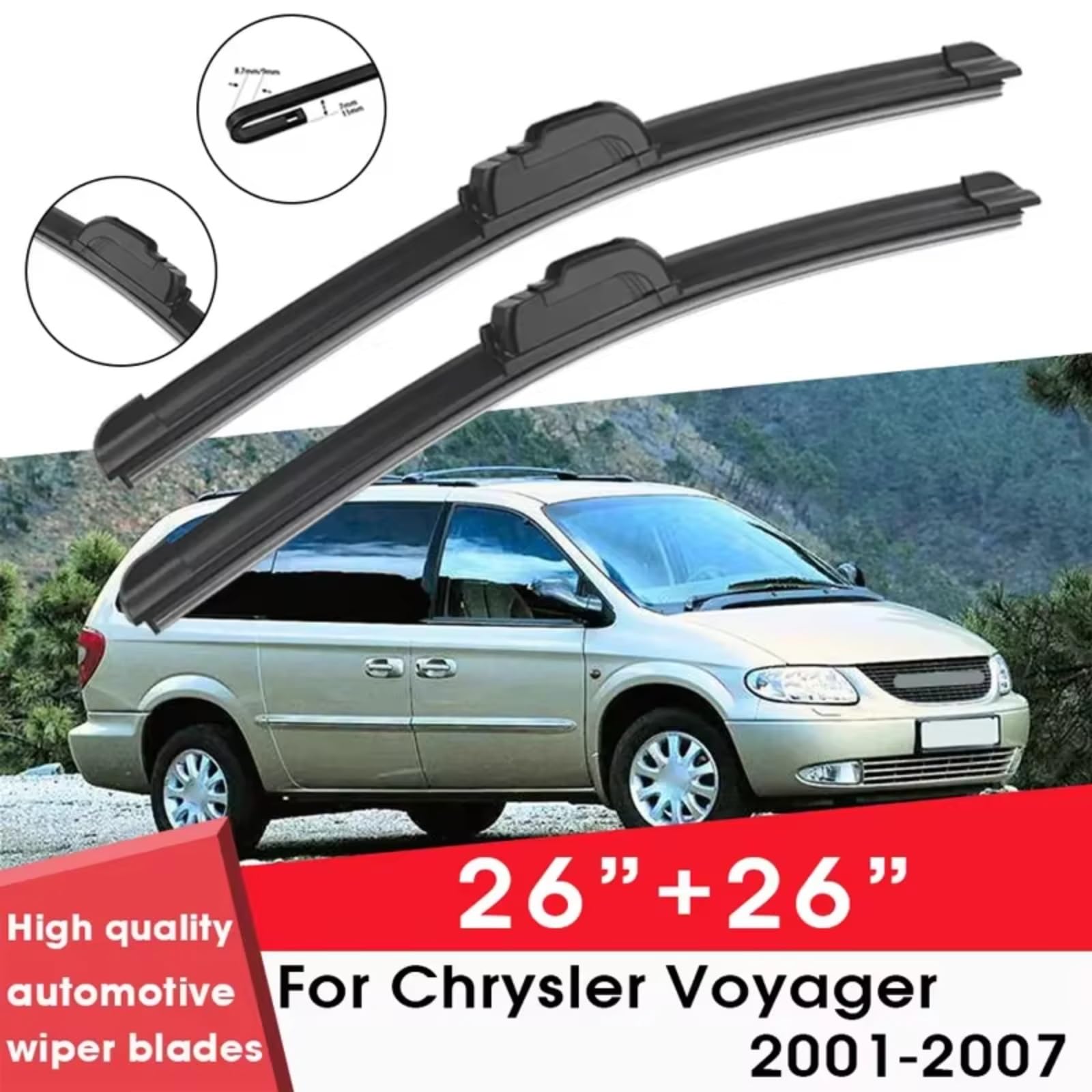 Escobillas Compatible Con Chrysler Para Voyager 2001 2002 2003 2004 2005 2006 2007 26 "+26" Limpiaparabrisas Goma Silicona Limpiaparabrisas Coche Escobillas Limpiaparabrisas