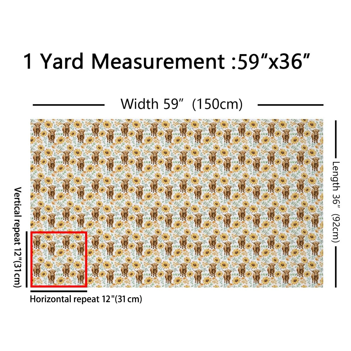 Homemissing Highland Cow Fabric by The Yard 1 Yard (L92*W150cm) Sunflower Floral Decorative Waterproof Fabric Highland Cattle Farmhouse Animal Western DIY Decor - Image 2
