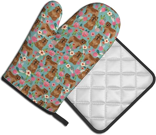 Miniatura 2 de Lindos guantes de horno y soportes para ollas con estampado floral para perros Chow Chow, reutilizables, antideslizantes, resistentes al calor, para