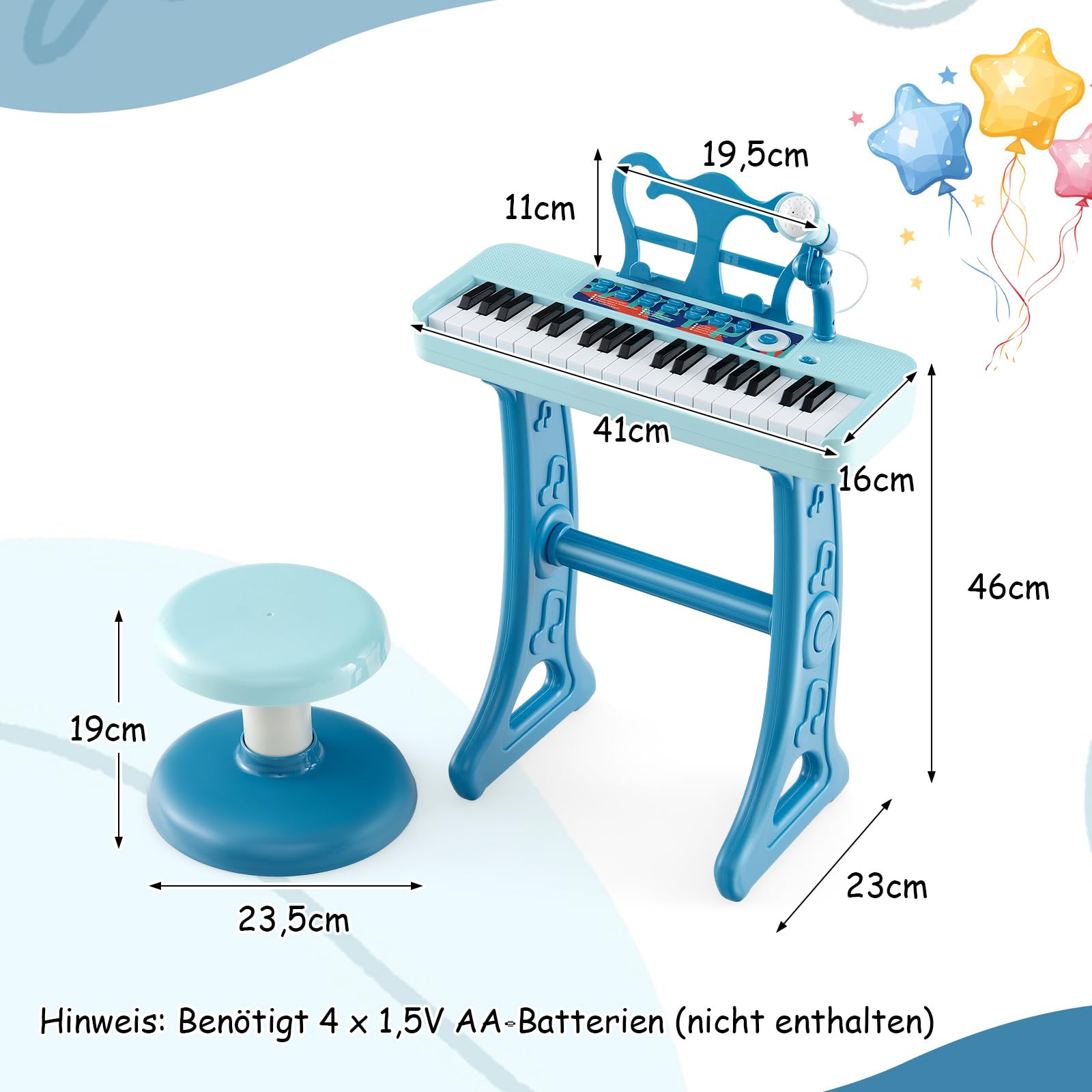 COSTWAY 37 Tasten Kinder Keyboard, Kinderklavier elektronisch mit Hocker, Mikrofon & Notenständer, Kinderpiano mit Abnehmbarer Beinen, Klaviertastatur für Kinder ab 3 Jahren (Blau)
