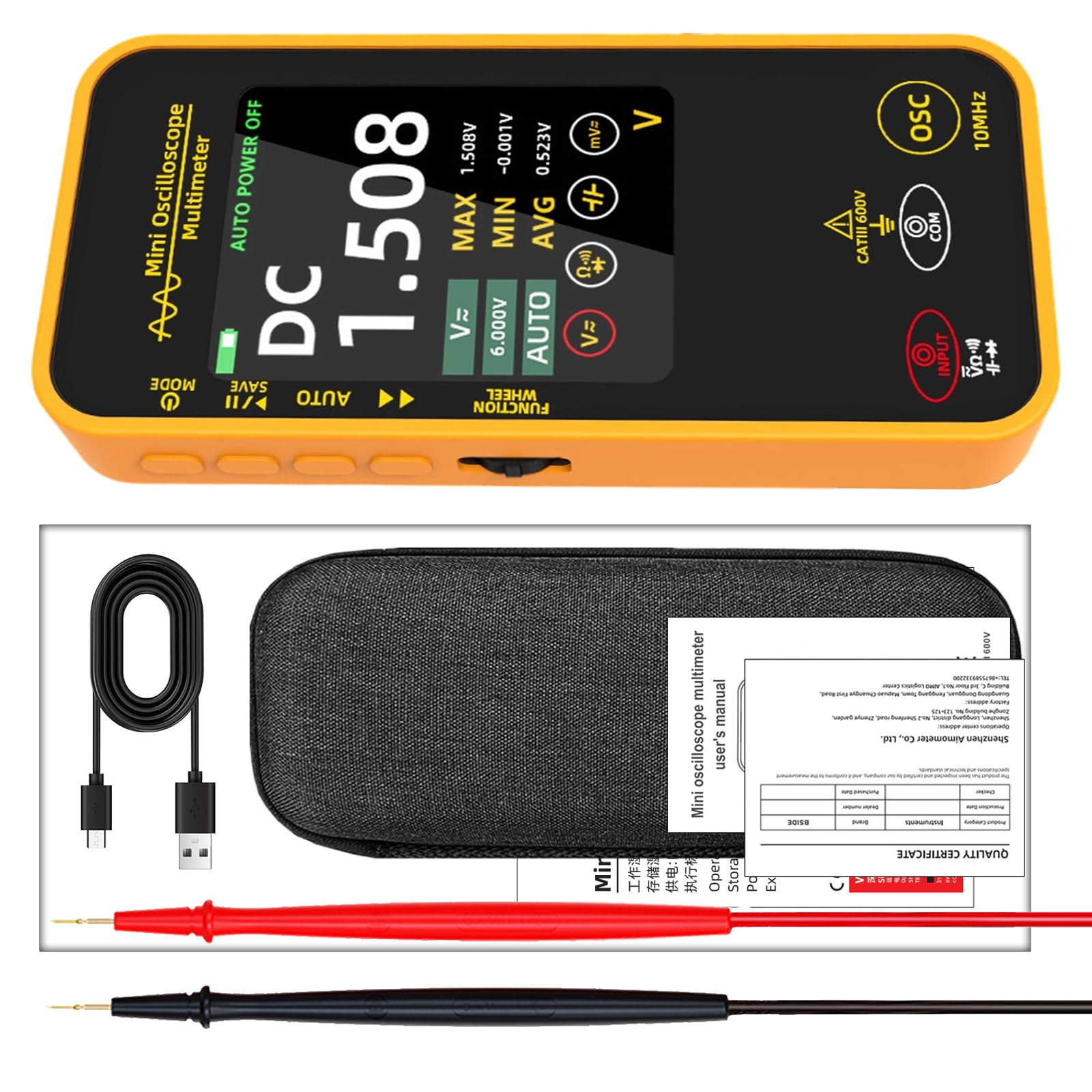 Professional Handheld Oscilloscope 10MHz Bandwidth and 6000 Count Multimeter for Engineers Students Prototype Development Battery Propelled Oscilloscope