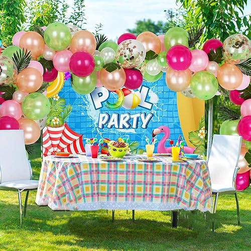 Miniatura 4 de Fondo de fiesta de verano en la piscina, anillo de natación, tabla de surf, flor de palmera tropical, fondo de fotografía, baby shower, cumpleaños,