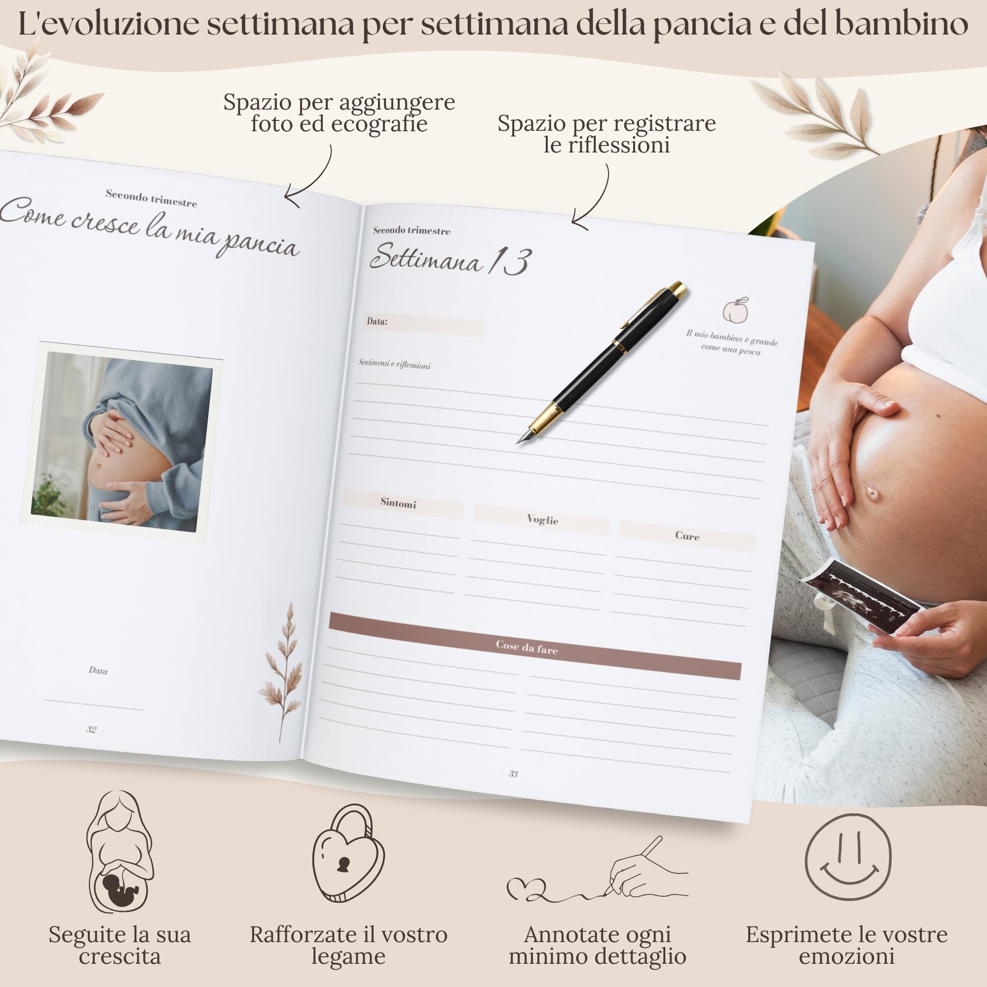 HuBorns - Diario della Gravidanza per Immortalare Ogni Momento Settimanalmente. Diario Gravidanza per Mamma con Spazio per Foto, Ecografie e per Organizzare il Parto