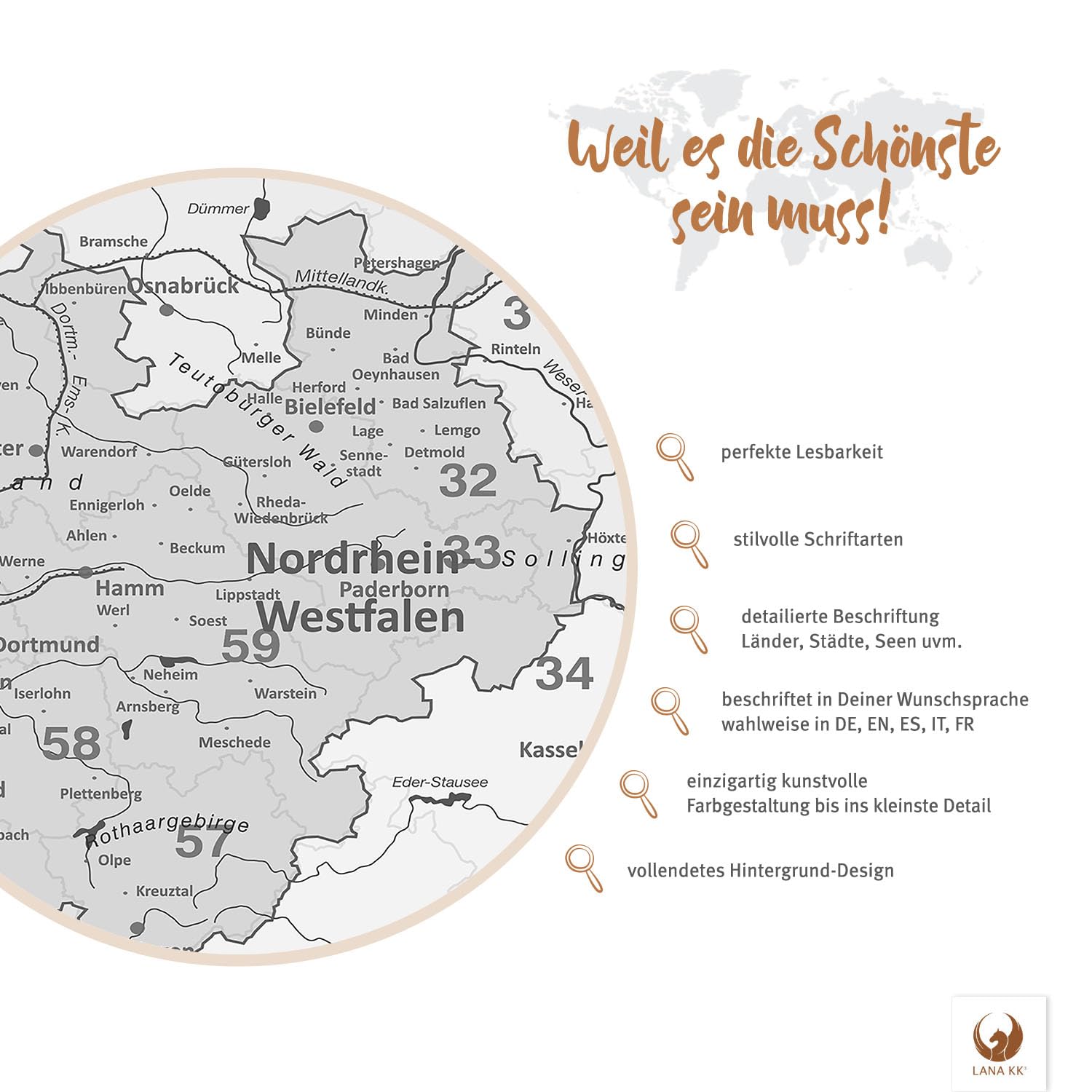 Stilvolle Pinnwand Deutschlandkarte - Hellgrau - Deutsch in 40 x 60 cm, stabile Rückwand zum Pinnen inkl. Starterkit - Leinwand-Kunstdruck Wandbild Landkarte XXL