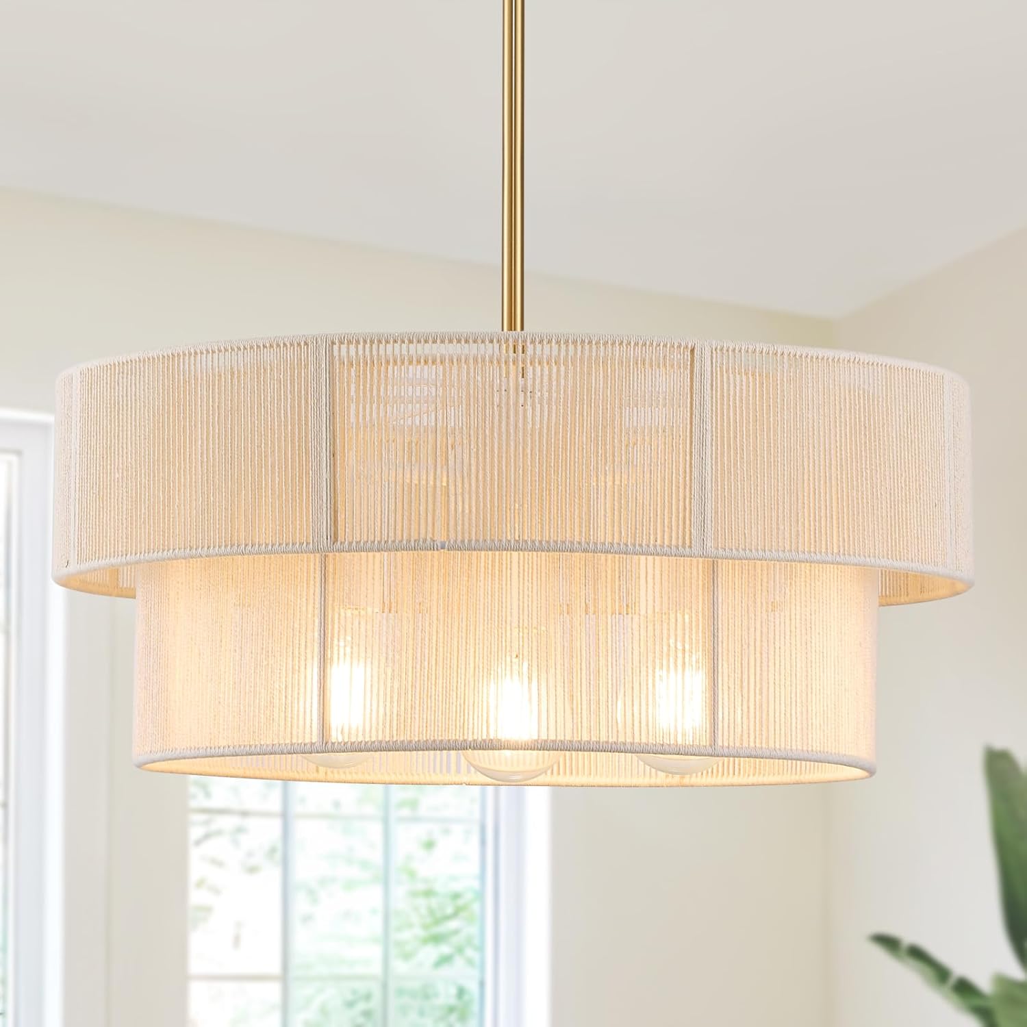 ZGKUYDBoho Woven Rattan Chandelier, Adjustable Gold Rod 2-Tier Drum Hanging Light, White Pendant Light for Dining Room/Kitchen Island, Rattan Pendant & Kitchen Chandelier for Home Decor