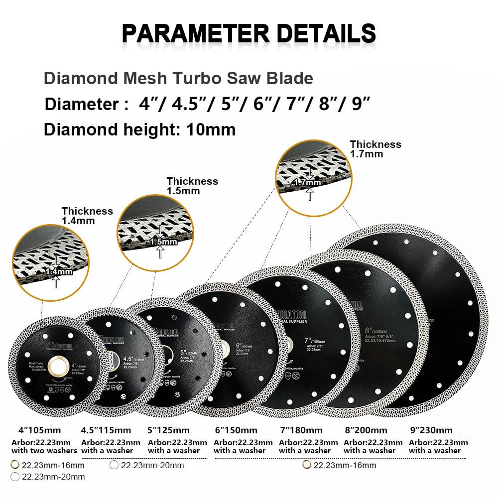 SHDIATOOL Disco de corte de diamante, 5 hojas de sierra de 230 mm con malla turbo para azulejos de porcelana, cerámica, granito y mármol