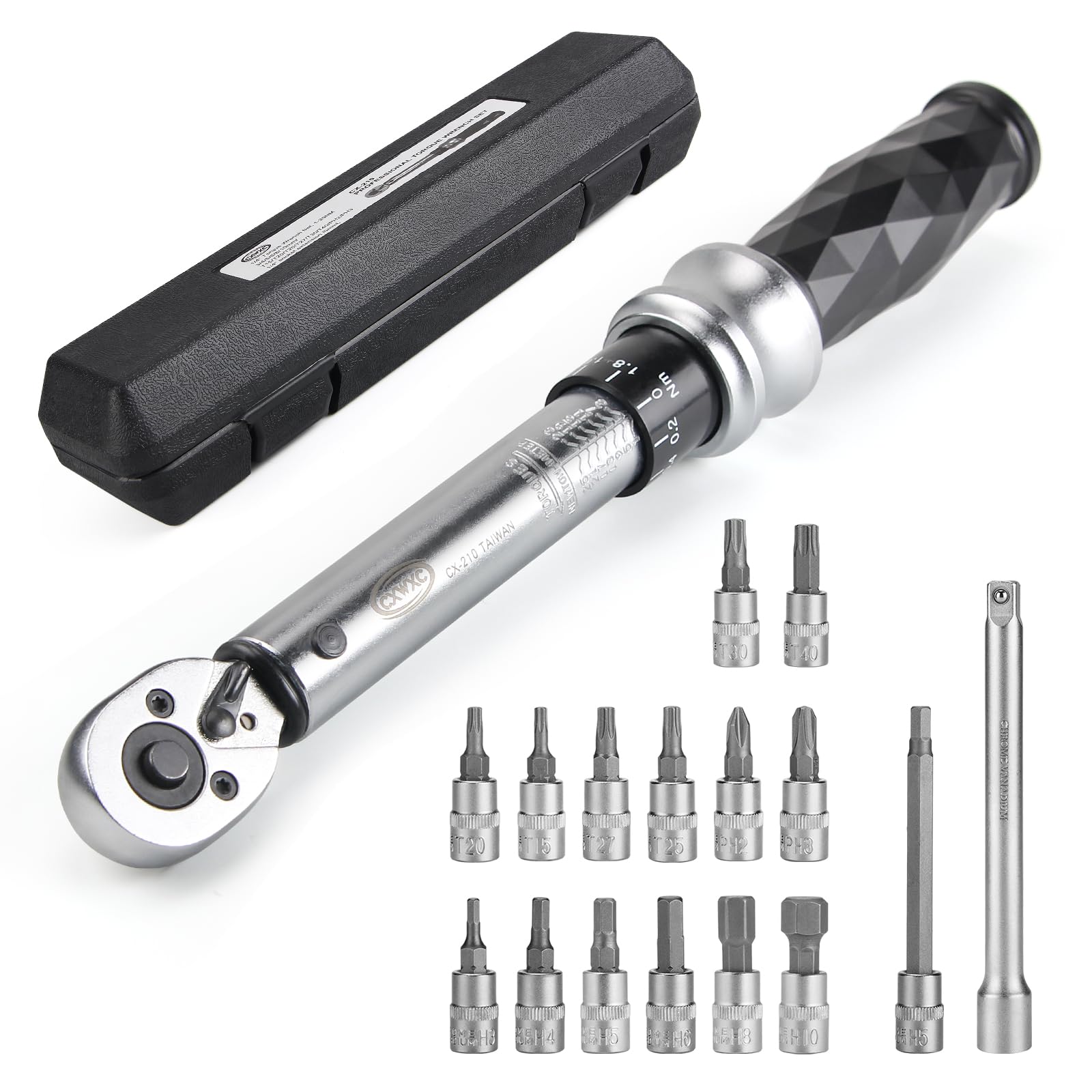 Jeu de clés dynamométriques pour vélo 1/4" Drive Click 1-25 Nm – Kit d'outils d'entretien pour vélo de route/VTT – Comprend Allen, Torx, Philip, kit de réparation d'embouts à douille H5 étendu, barre