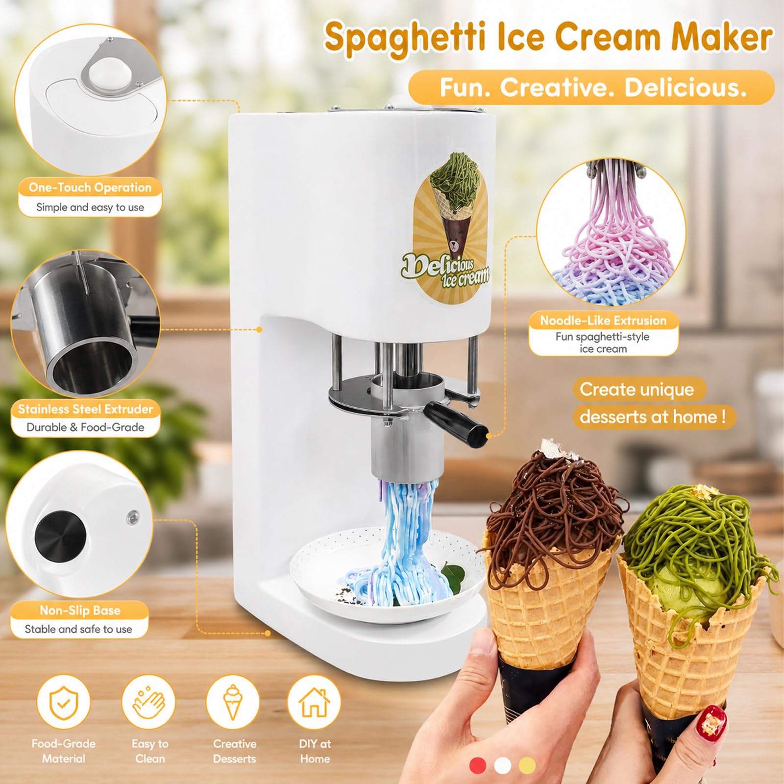 Máquina Profesional Spaghetti Helado, Máquina Comercial Hacer Helado Espagueti 80w, CREA Diferentes Formas de Postre, Soporte Antideslizante, para Eventos y Catering Privado White