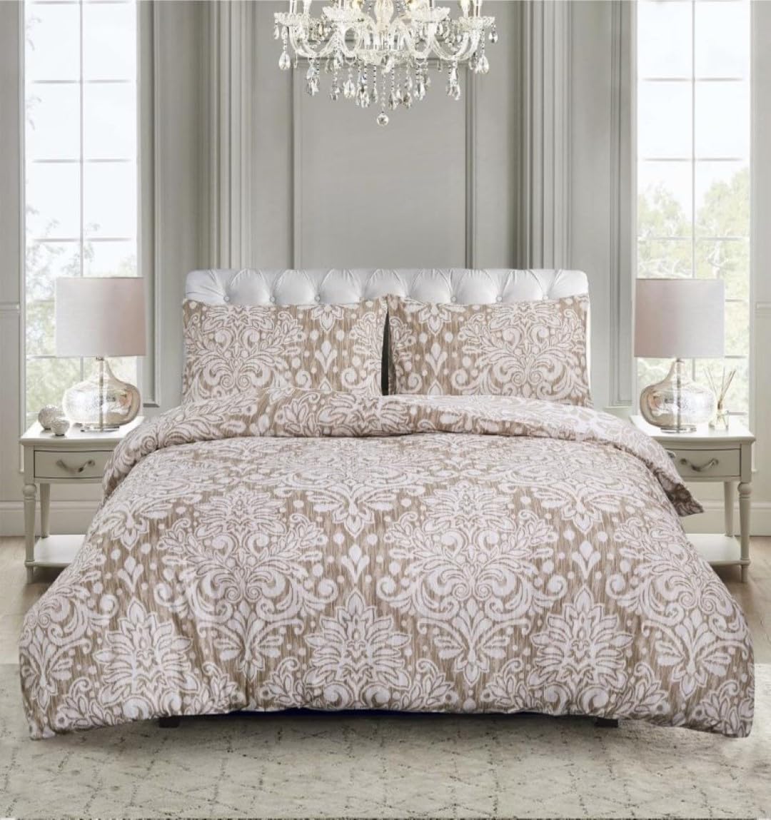3-Piece Royal Damask Beige Duvet Cover Set Single 135 x 200 cm - Hotel Quality Soft Microfiber Quilt Cover with Fitted Sheet for Bedroom - Printed Bedding Set with 1 Pillow Sham โ image 1