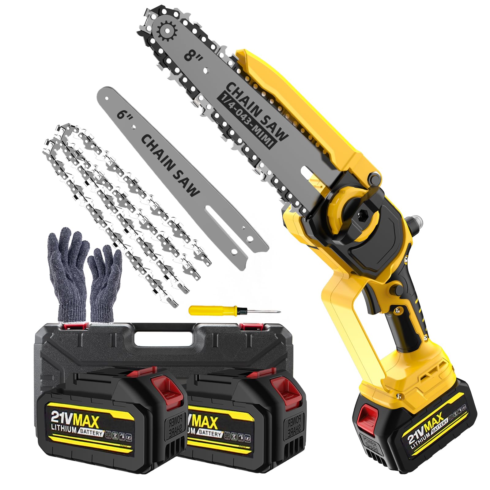 Mini motosega senza fili – Barre 8" e 6", lubrificazione automatica, catena di ricambio, motore brushless 1200W, 2 batterie 4000mAh – Per potatura alberi, giardinaggio e taglio legna