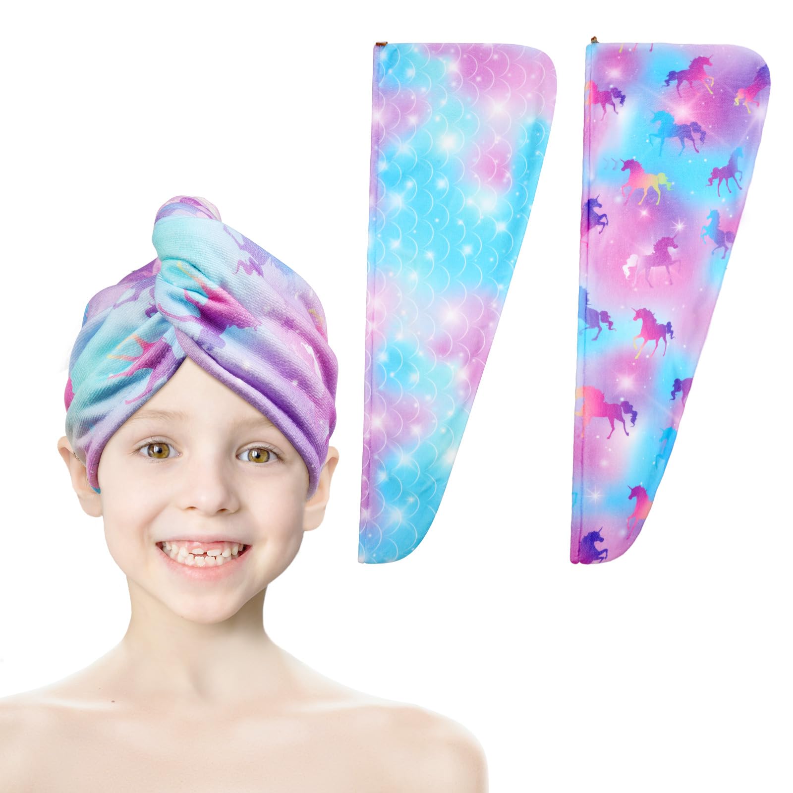URAQT Toallas para Secar El Pelo, Toalla Microfibra Pelo para Mujeres y Niñas, Cabello Turbante de Secado rápido Coral Fleece para Cabello Largo, Rizado y Grueso(Escamas Pez Rosa + Pegaso Azul)