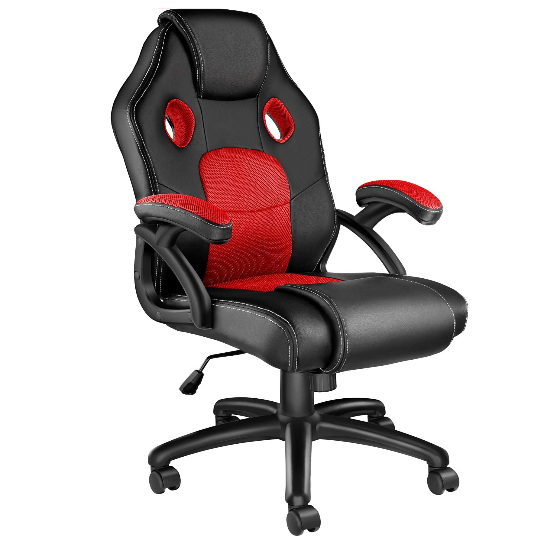 tectake® Gaming Chair, Ergonomic Desk Chair, Computer, Height Adjustable, 5 Double Wheels, Modern Design, Thick Padding, Mesh Fabric, Office Chair, Desk Chair - Black/Red