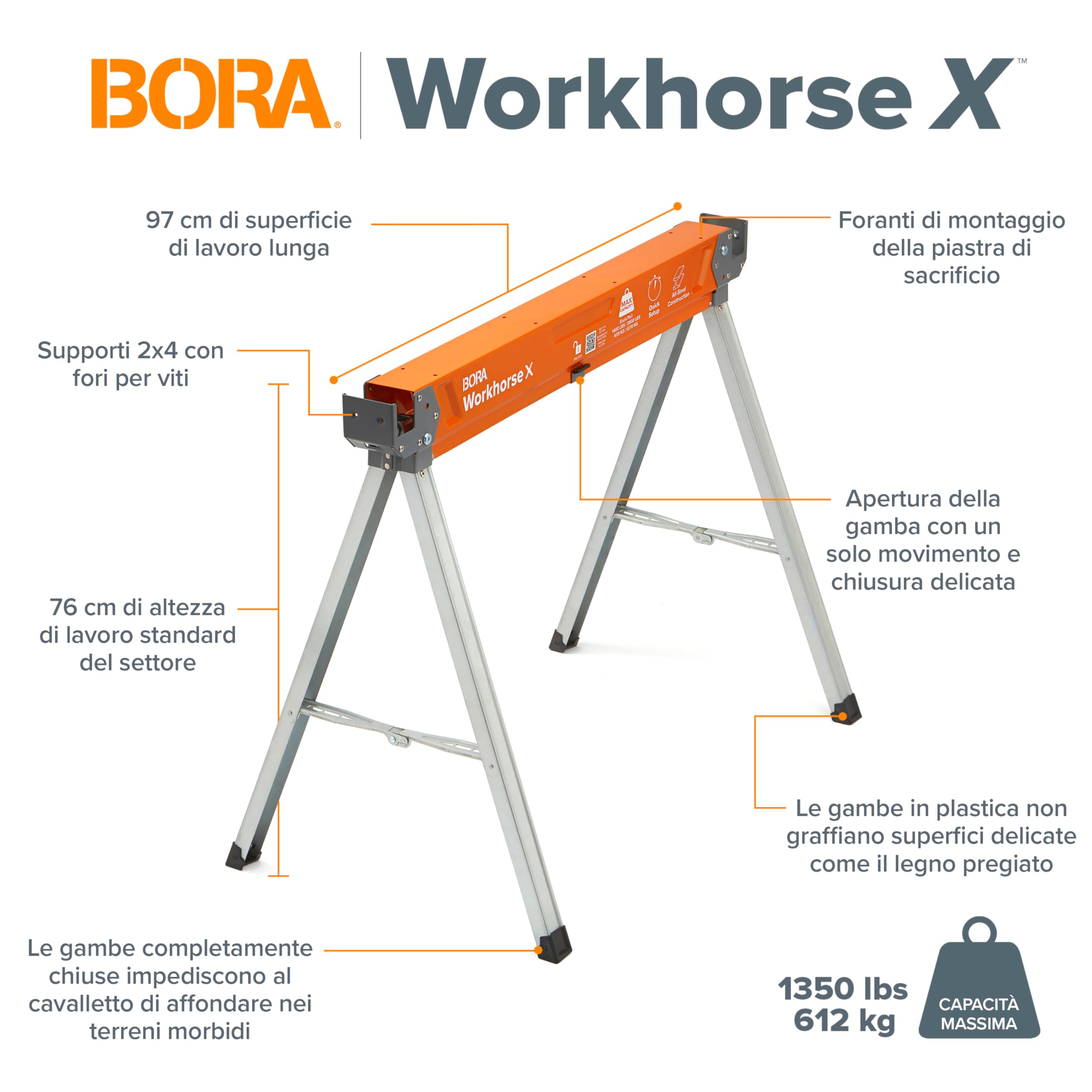 BORA Workhorse PM-3350T – Coppia Cavalletti da Lavoro Pieghevoli in Acciaio, 612 kg per Cavalletto, Uso Professionale
