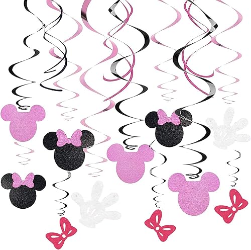 Decoraciones colgantes de 30 piezas de Minnie en remolinos – Serpentinas de techo para fiesta de cumpleaños de ratón – Suministros de fiesta