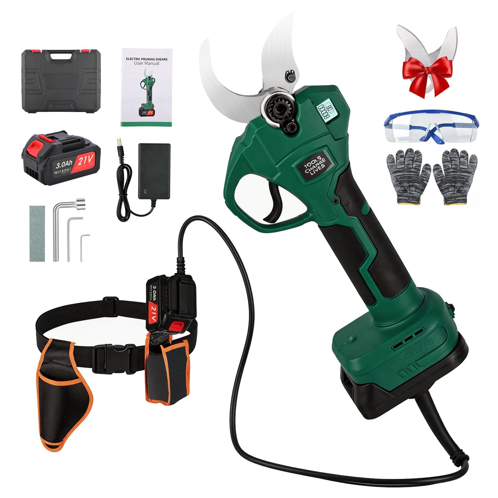 Tijeras de Podar Eléctricas 40mm con 2 Baterías 3.0Ah Cable de Extensión 1.4m Podadora de Batería Brushless para Olivos Viñedos y Ramas Altas | Tijeras eléctricas profesionales ligeras y pantalla LCD de corte progresivo para olivos viñedo y jardín