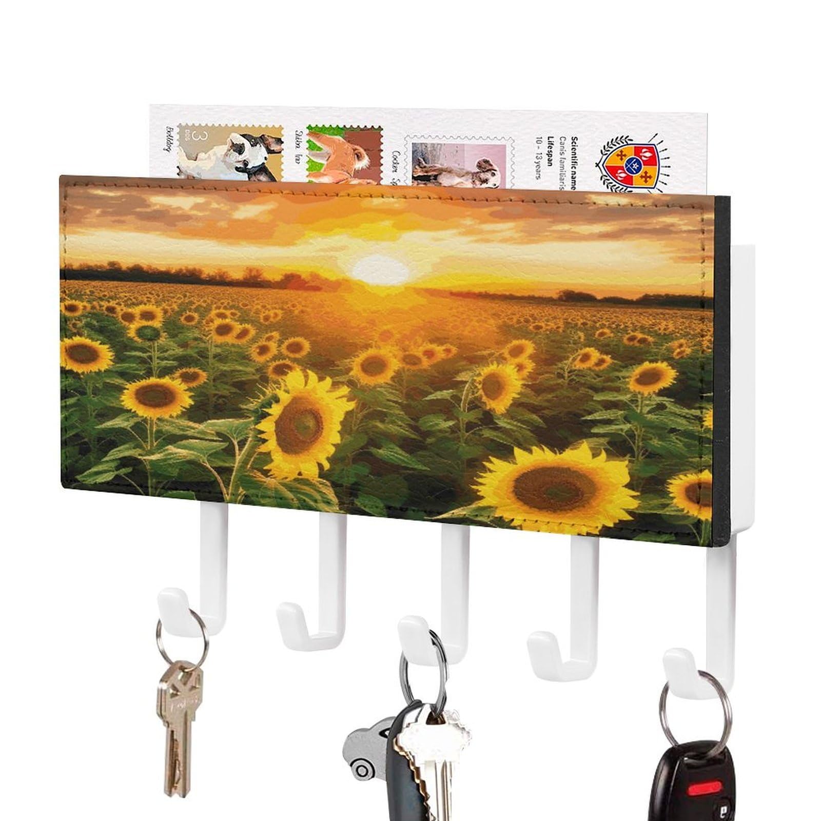 LDGSUPH Sunflower Field Sunset Key Holder Wall Mount Key Hanger with 5 Hooks Fashion Key Organizer Rack Hanging Key Hooks with Mail Organizer Key Rack for Home Entryway Hallway White-Style
