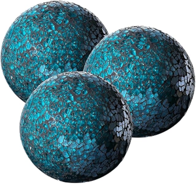 WHOLE HOUSEWARES Glass Decorative Balls - Mosaic Sphere Diameter 4" - Stylish Turquoise Centre Pieces for Tables - For Dining Room, Living Room, Bedroom Decor & Blue Home Accessories - Set of 3