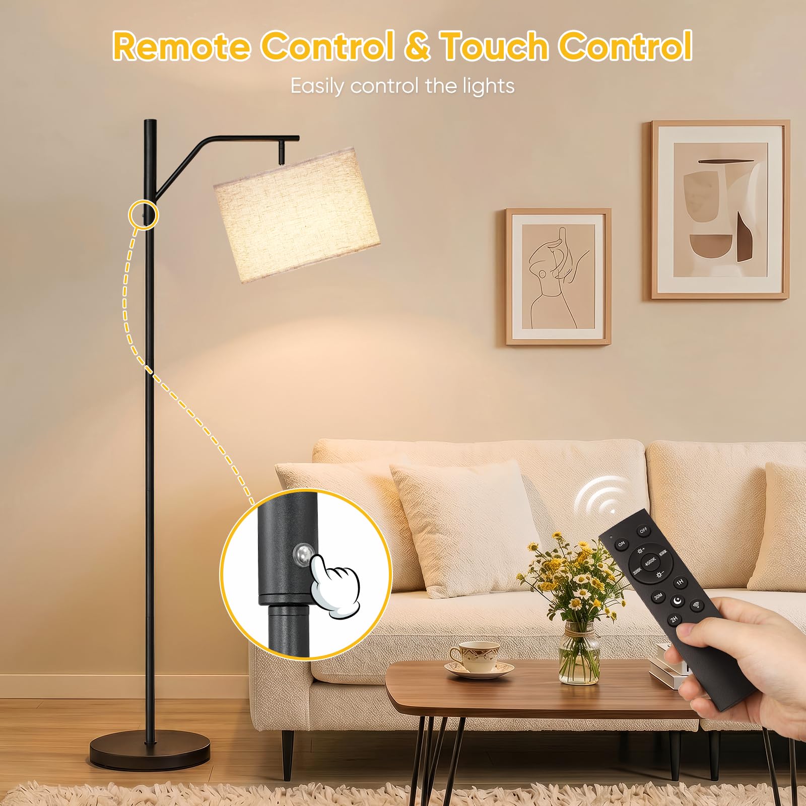 TaoFiaCo 168CM Akku LED Stehlampe Wohnzimmer mit Fernbedienung Beige - Moderne Bogenlampe 3 Farbtemperaturen Dimmbar Drehbar - Standleuchte für Schlafzimmer Büro - Stehleuchte Inklusive LED Glühbirne