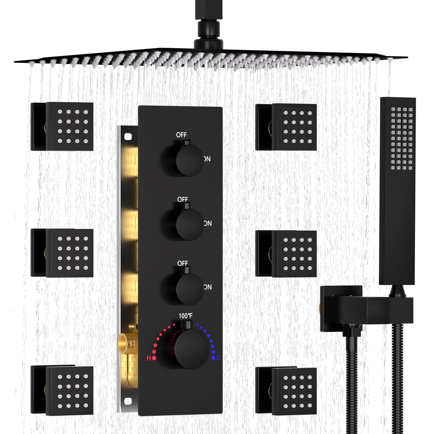 Enga Body Jet Shower System, 16 Inch Ceiling Rainfall Shower System Thermostatic Shower Faucet Set, Use All Functions Together or Separately, Matte Black
