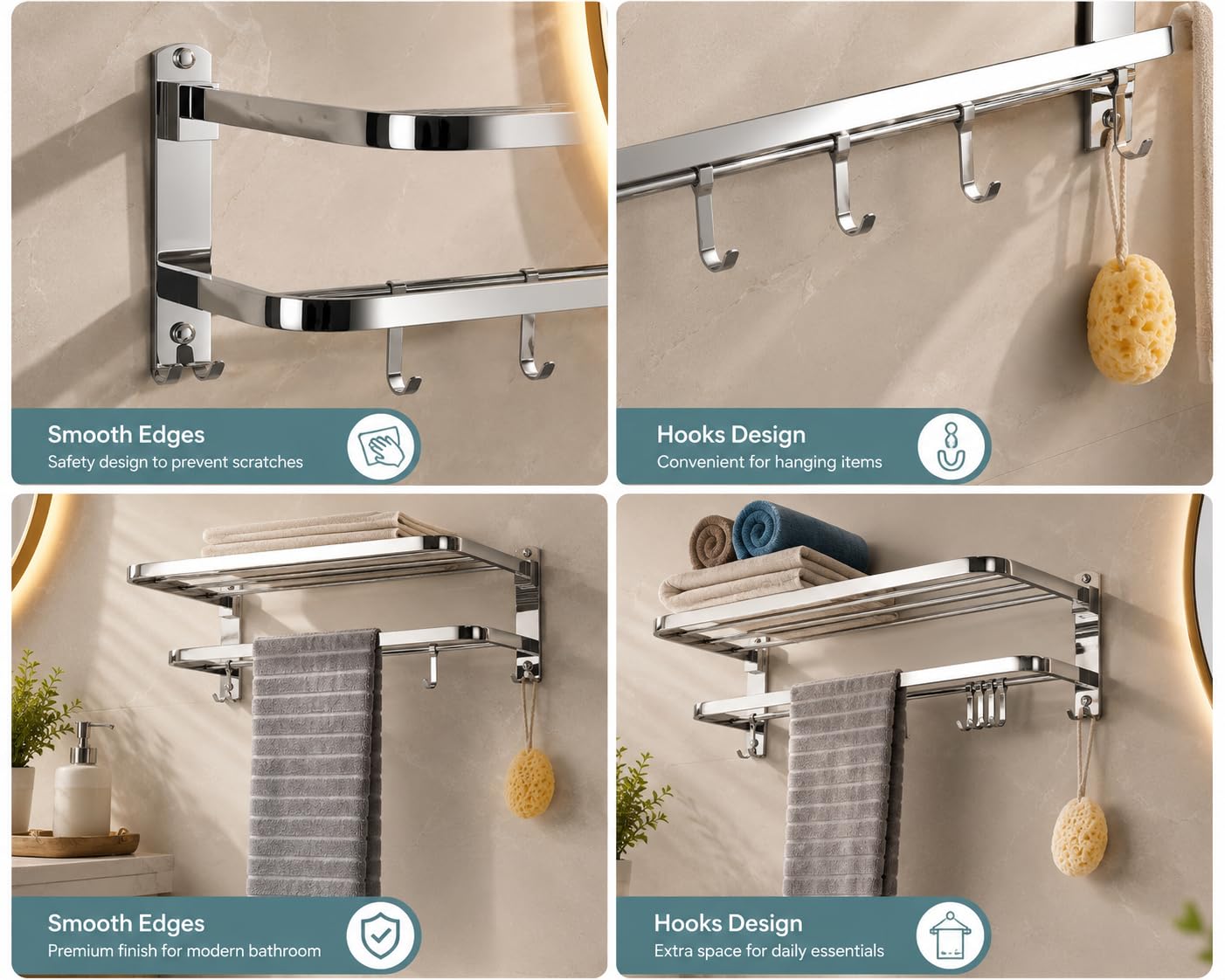 OSLEN Stainless Steel Dual Foldable Towel Rack for Bathroom Wall Mounted/Towel Stand/Adjustable Towel Hooks and Towel Bar/Hanger/Bathroom Accessories (Mirror Finish) 1