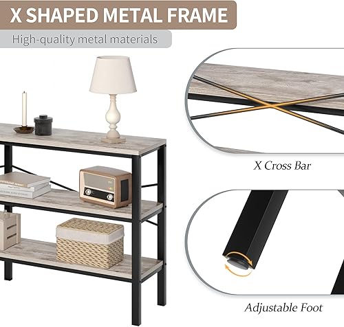 Miniatura 5 de Vida Vistoso Mesa consola industrial de 71 pulgadas detrás del sofá, mesa de sofá extra larga con estantes de almacenamiento de madera de 3 niveles,