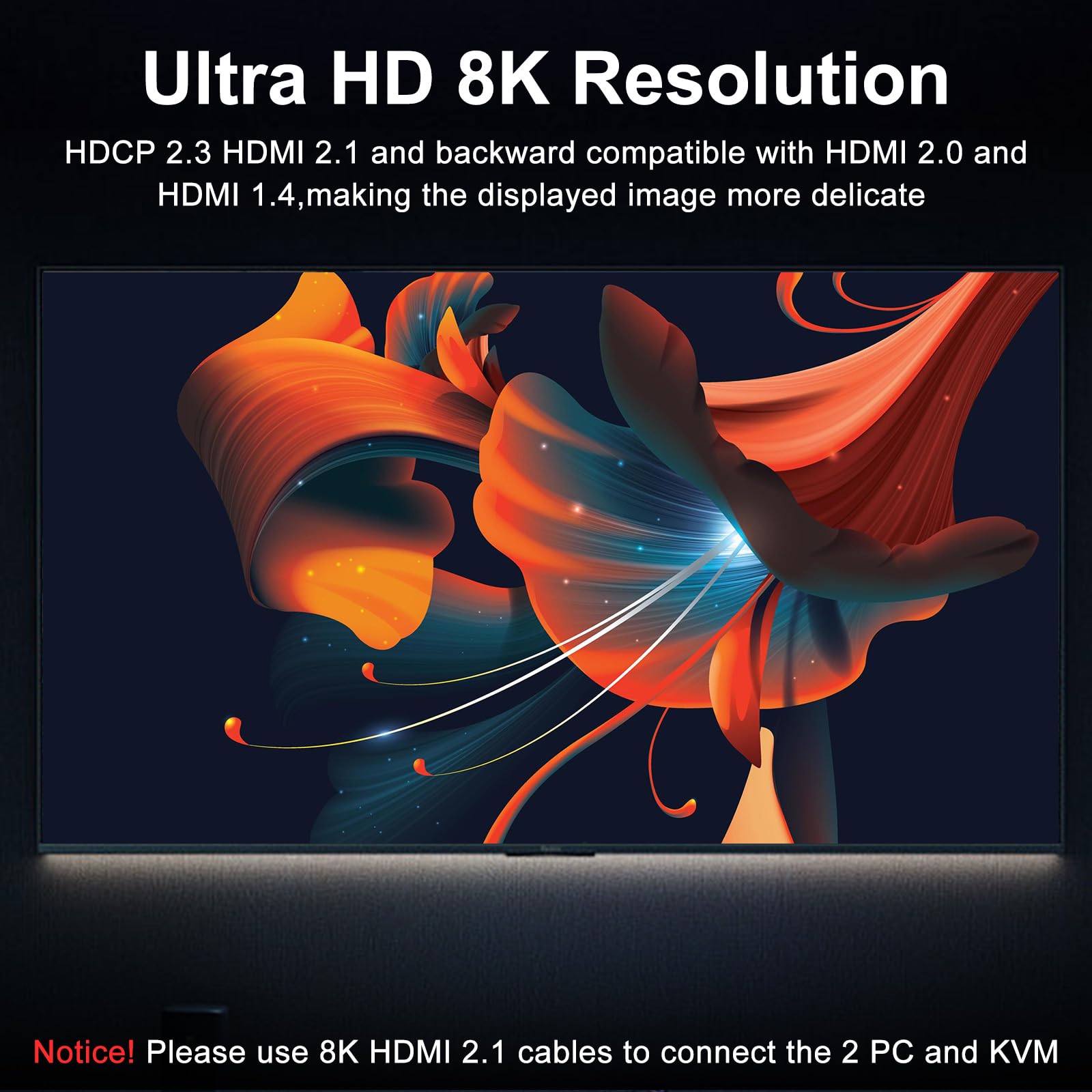 8K HDMI KVM Switch 2 computer 2 monitor 8K@60Hz, Switch KVM USB 3.0 Camgeet per 2 PC Condividi 2 monitor e 4 hub USB 3.0, con telecomando cablato, adattatore di alimentazione 12 V, cavo USB incluso
