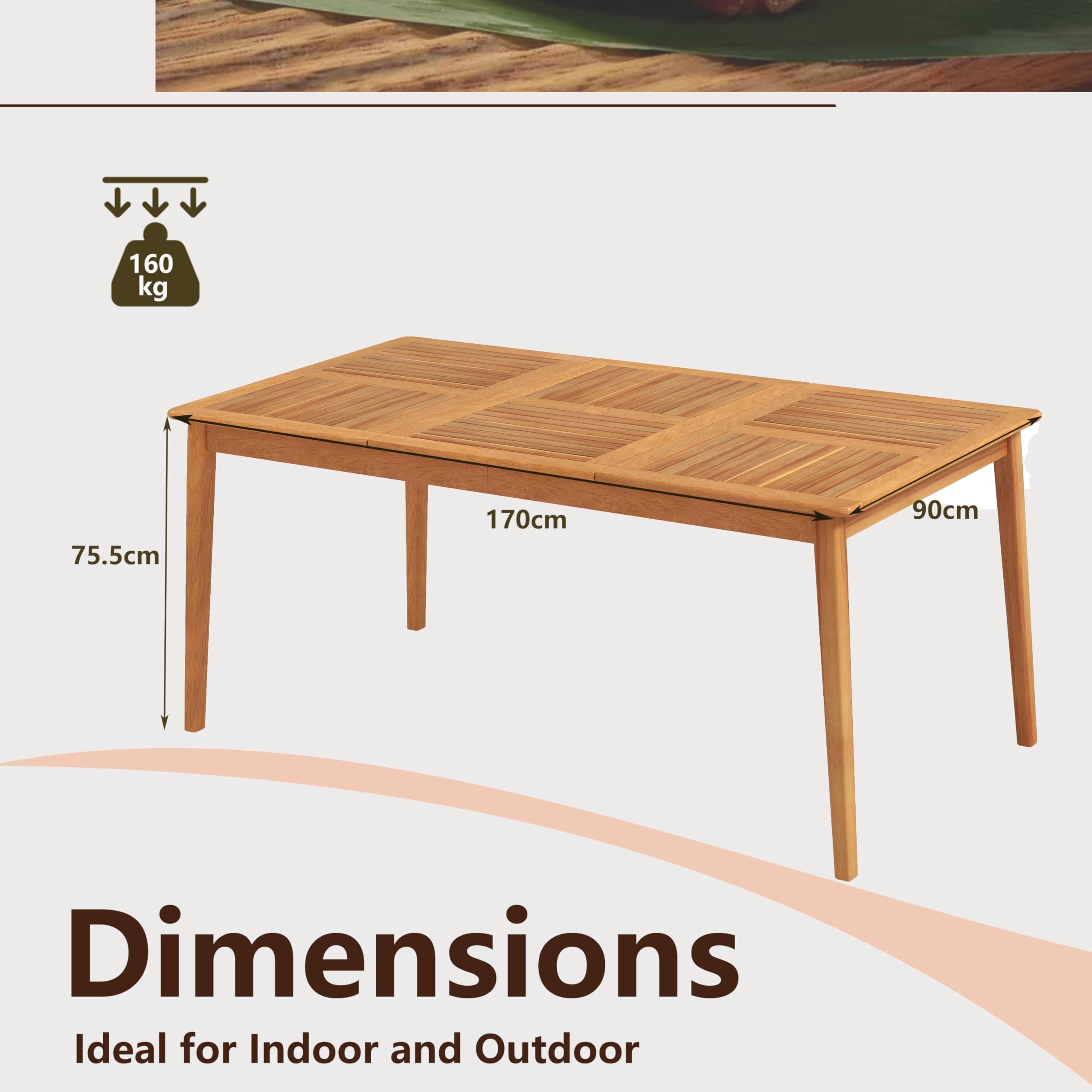 KOMFOTTEU Gartentisch mit 5 cm Schirmloch, Esstisch aus Akazienholz, Holztisch für 6 Personen, Terrassentisch für Garten, Hinterhof, Veranda (Modell 2)