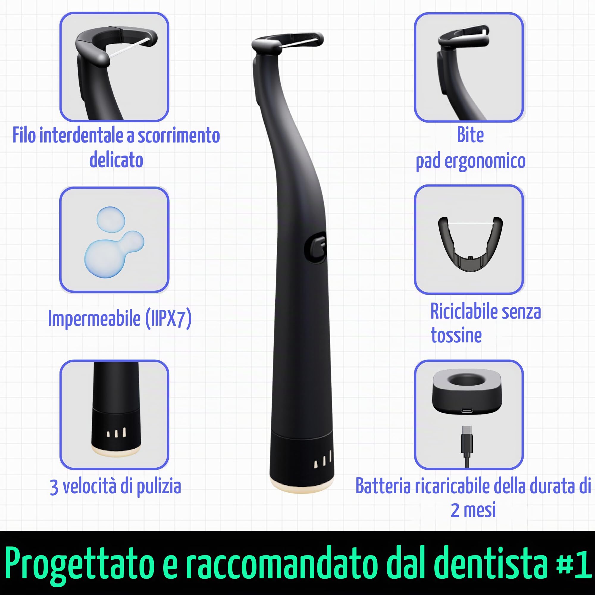 FLAUS Filo interdentale elettrico (Shark Tank) a 3 velocità + 45 testine di ricarica con filo interdentale delicato per la cura delle gengive sensibili, alternativa al filo interdentale consigliato