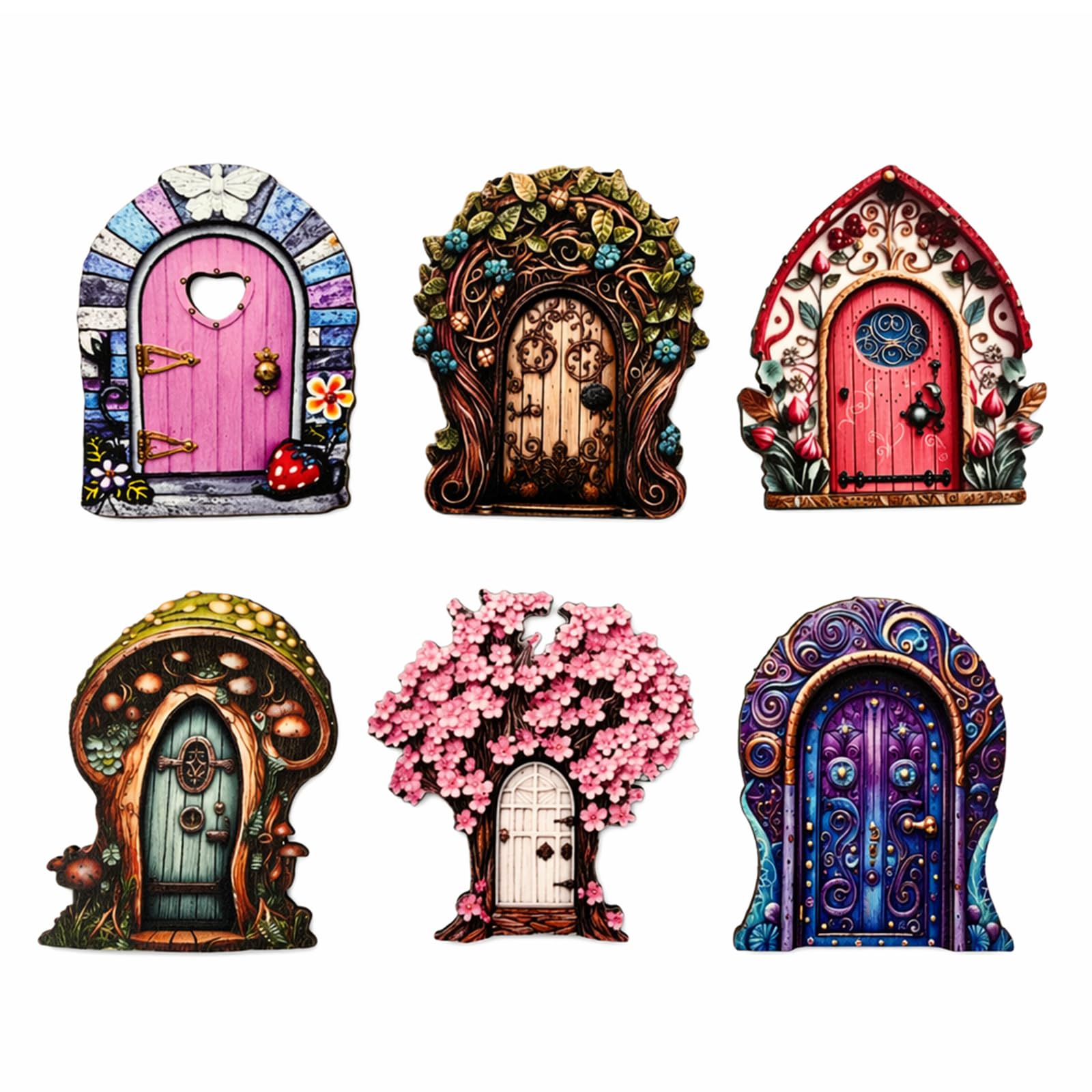 Kemay 6 Pcs Wooden Fairy Doors for Garden Trees, Miniature Fairy Garden Accessories Outdoor, Whimsical Elf Doors Ornaments for Potted Plants and Yard Decor