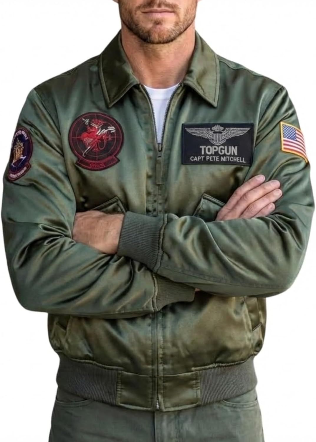 SBL SOUTH BEACH LEATHER Top Green Gun Satin Jacket - Cruise Maverick Tom Flight, Pilot, Bomber, Aviator - Halloween Men's