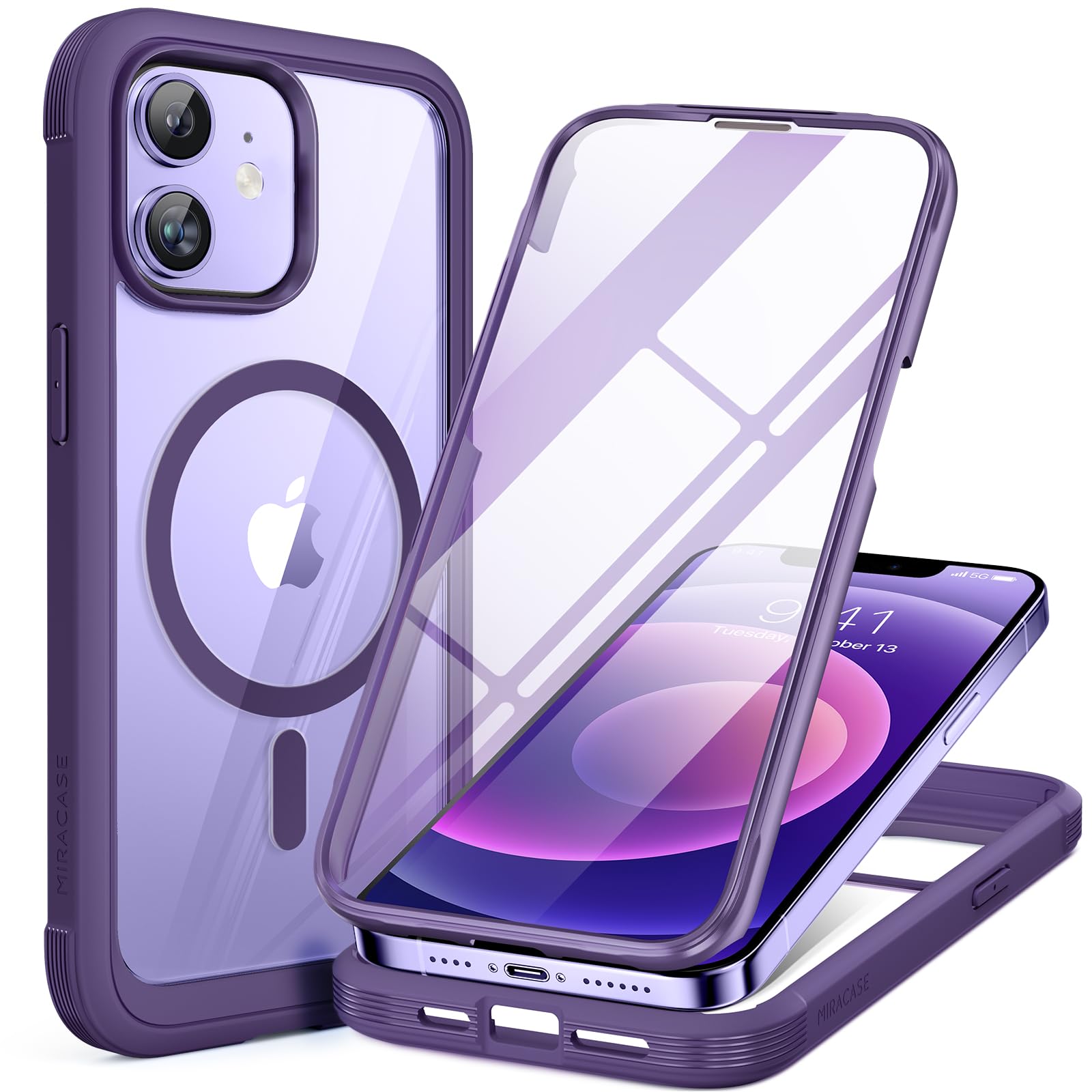 Miracase Glass Series Designed for iPhone 12/12 Pro 6.1 Inch, Upgrade Full-Body Magnetic Case with Built-in 9H Tempered Glass Screen Protector, with Camera Lens Protector, Magnetic Purple