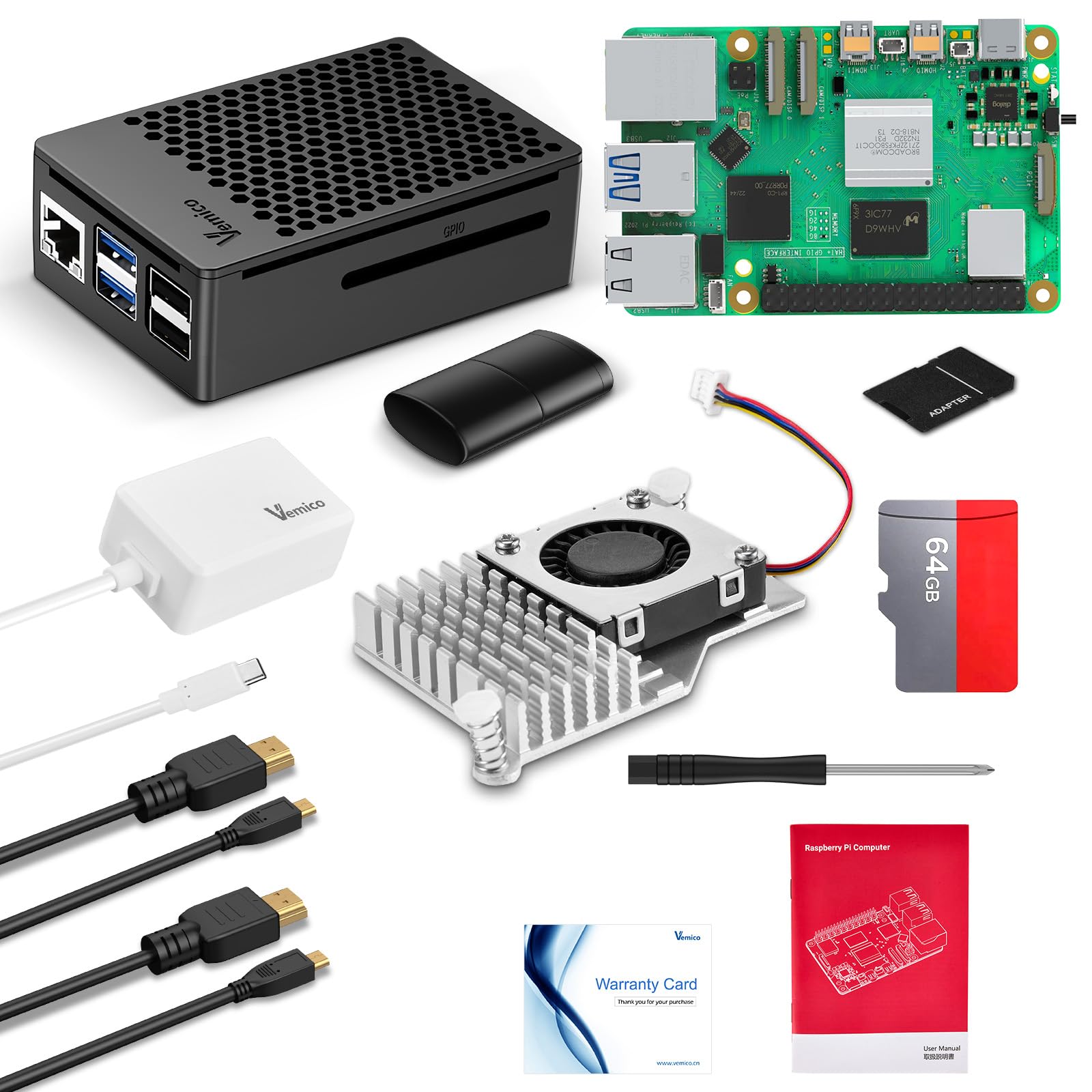 Vemico Raspberry Pi 5 16GB Starter Kit with Pi 5 16GB Single Board, 27W GaN Power Supply, Active Cooler, 64GB SD Card, ABS Case, Card Reader&4K Micro HD Out Cables